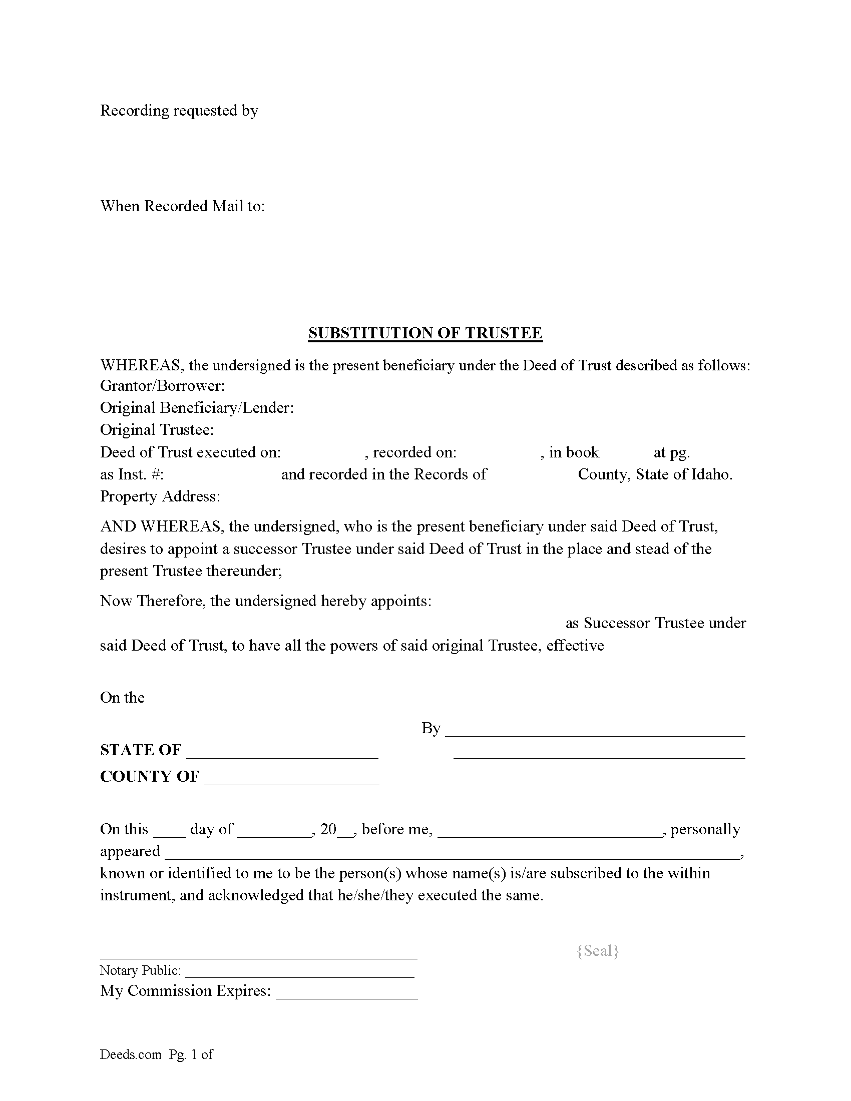 Bear Lake County Substitution of Trustee Form