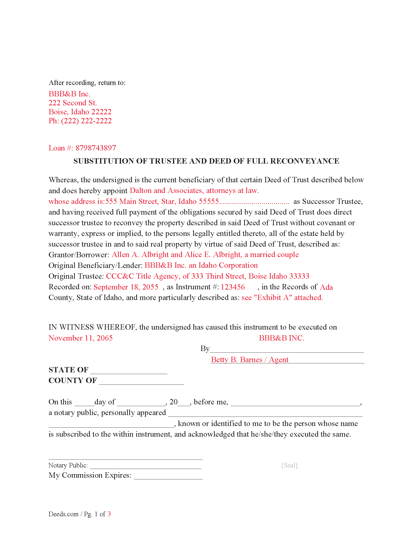 Bear Lake County Completed Example of the Substitution of Trustee and Deed of Reconveyance Document