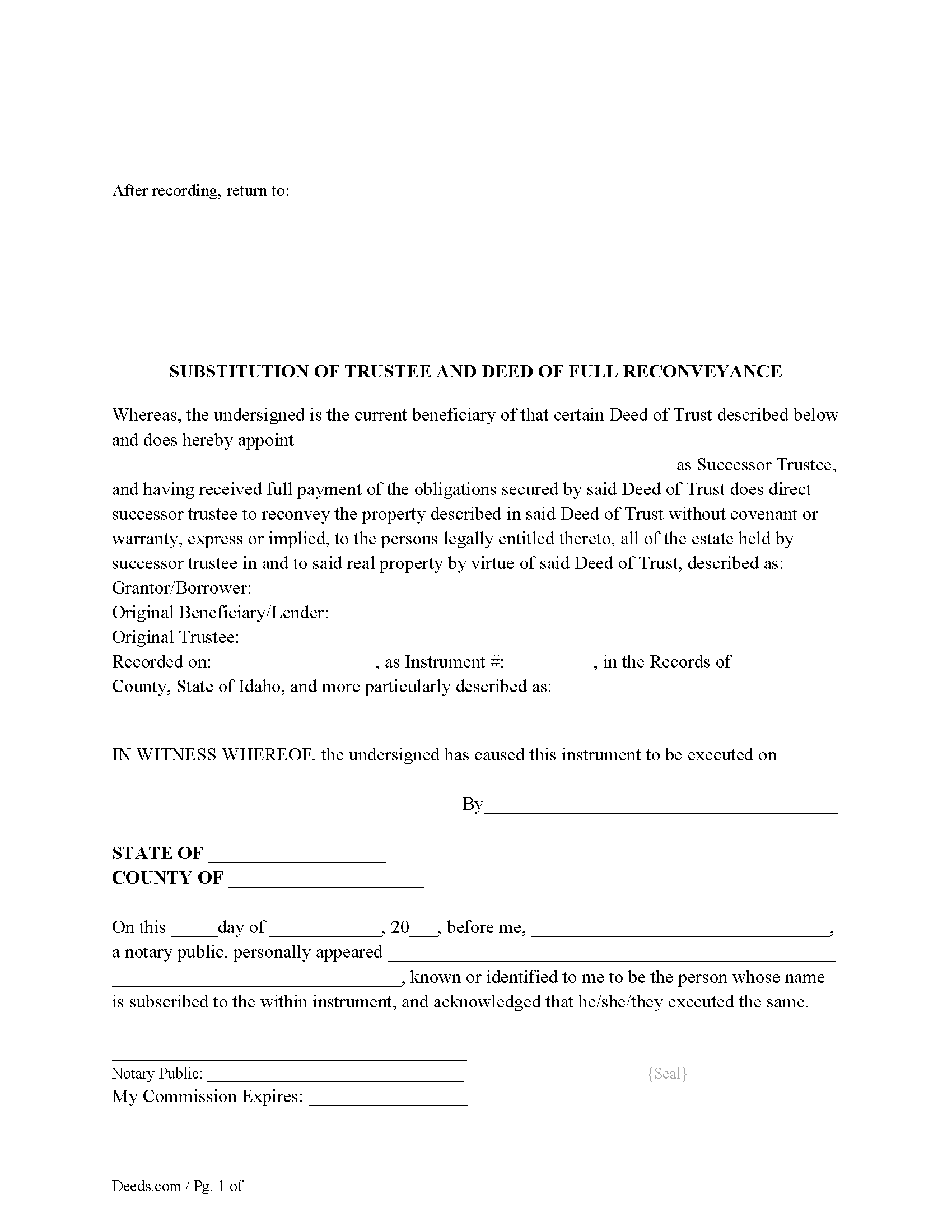 Bear Lake County Substitution of Trustee and Deed of Full Reconveyance Form
