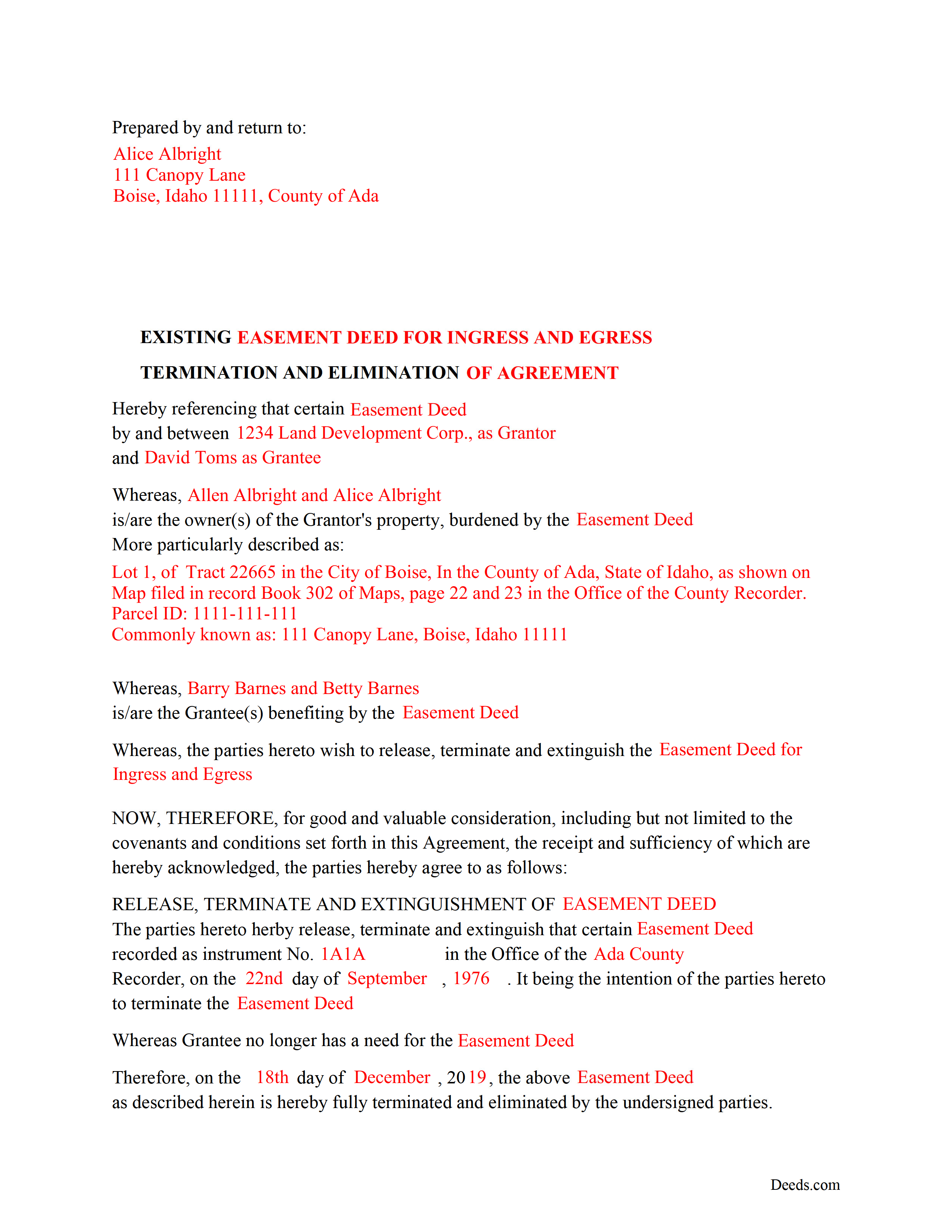 Benewah County Completed Example of the Release of Easement Document