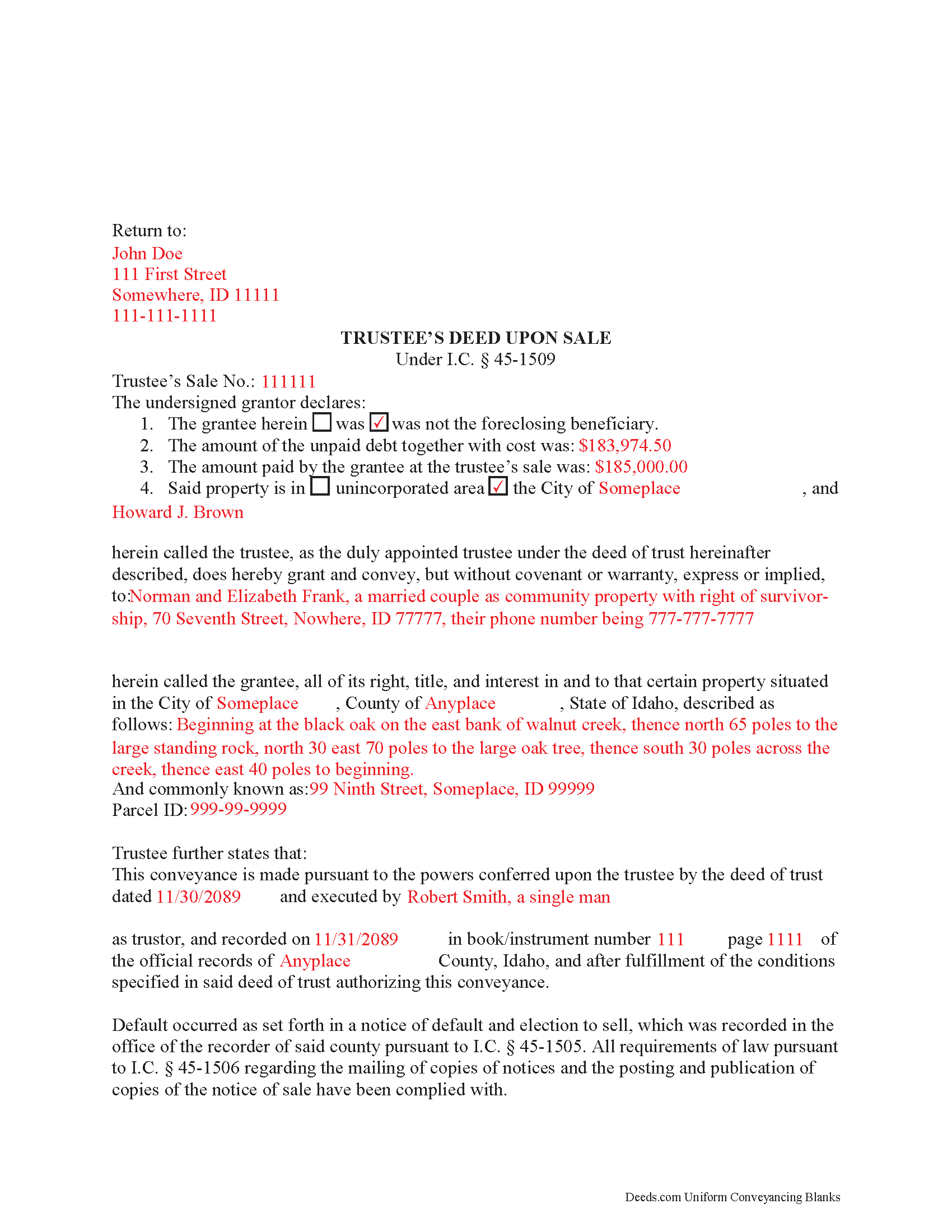Bear Lake County Completed Example of the Trustee Deed upon Sale Document