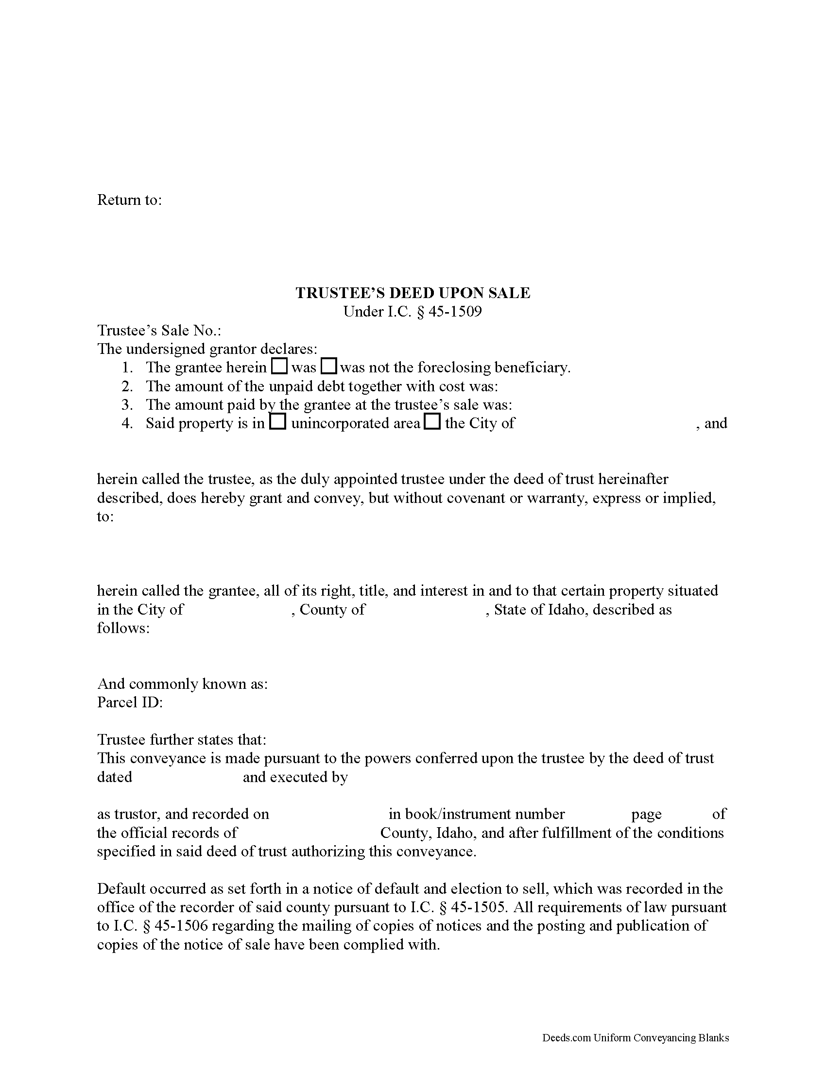 Bear Lake County Trustee Deed Upon Sale Form
