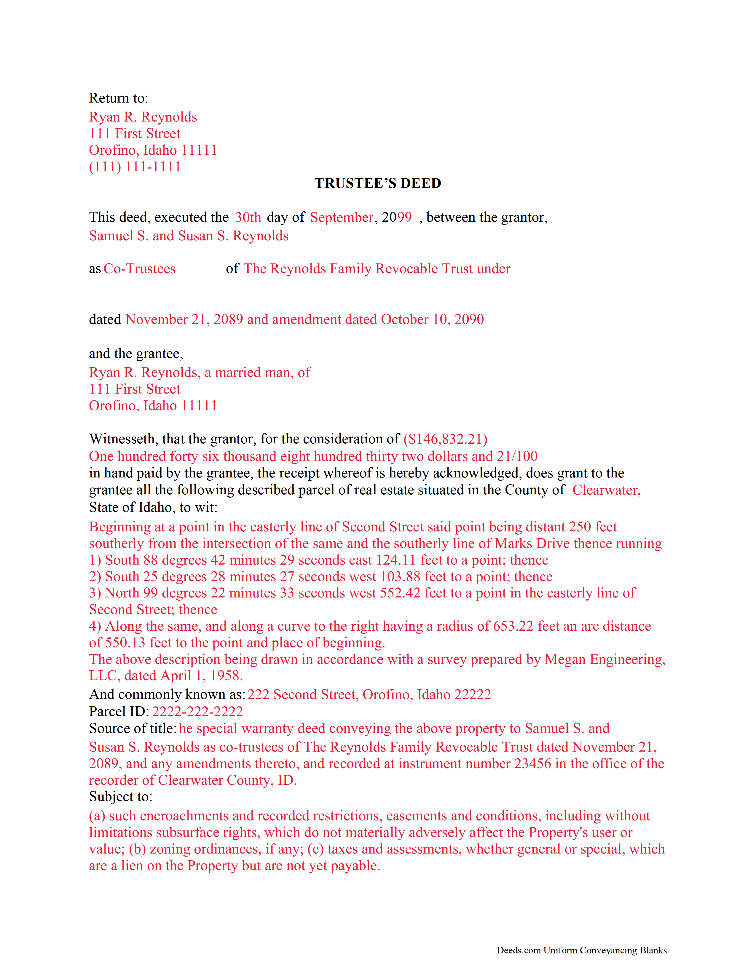 Bear Lake County Completed Example of the Trustee Deed Document
