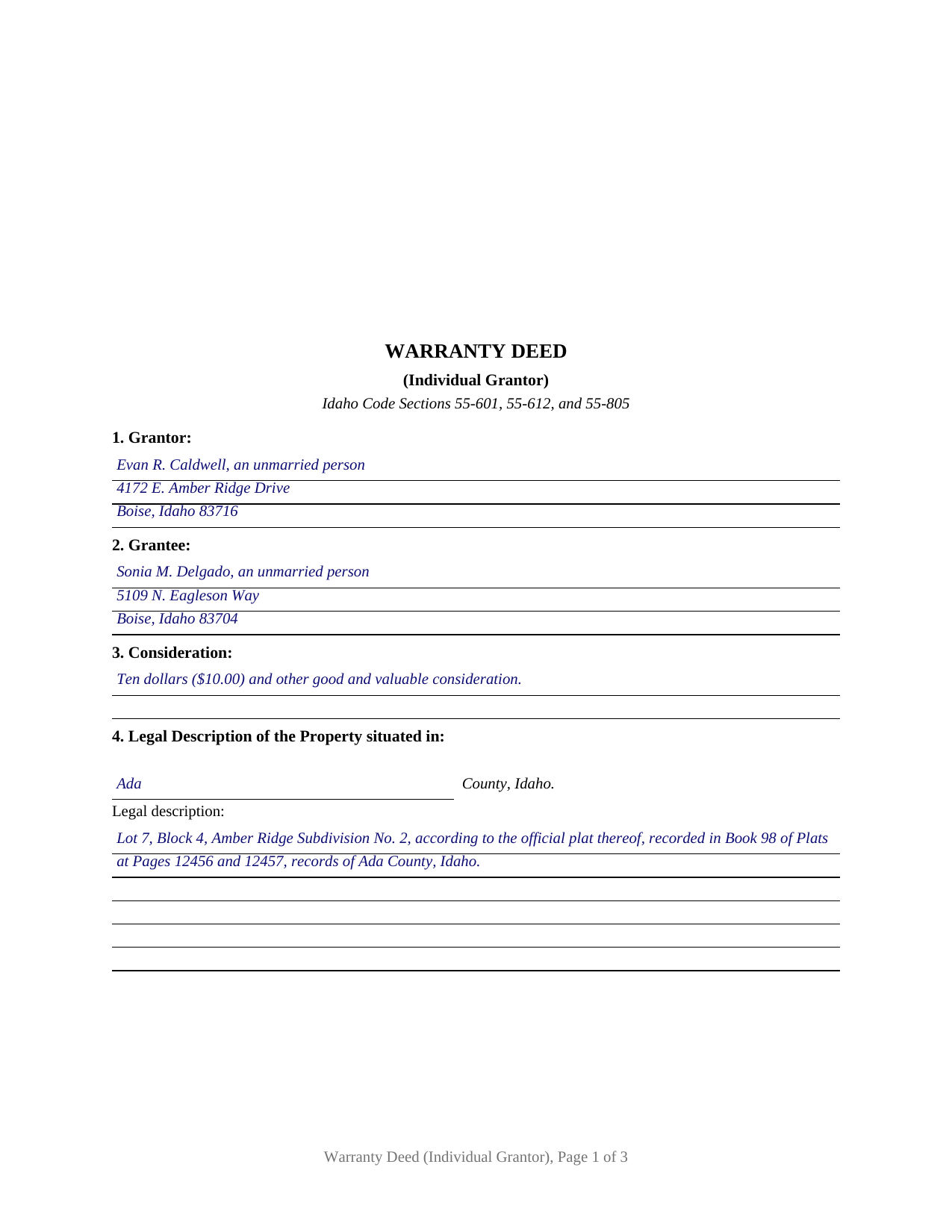 Bear Lake County Completed Example of the Warranty Deed (Individual Grantor) Document