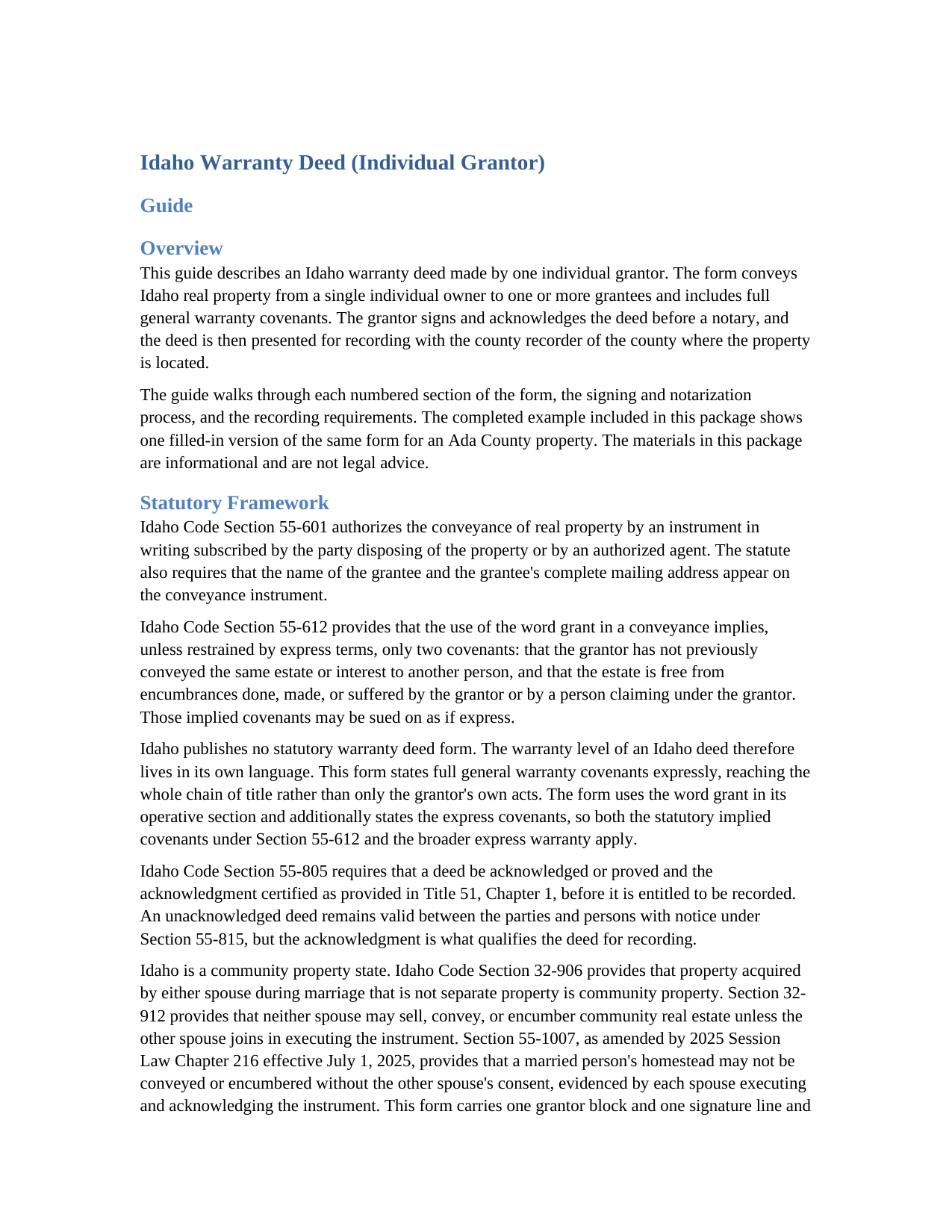 Bear Lake County Warranty Deed (Individual Grantor) Guide