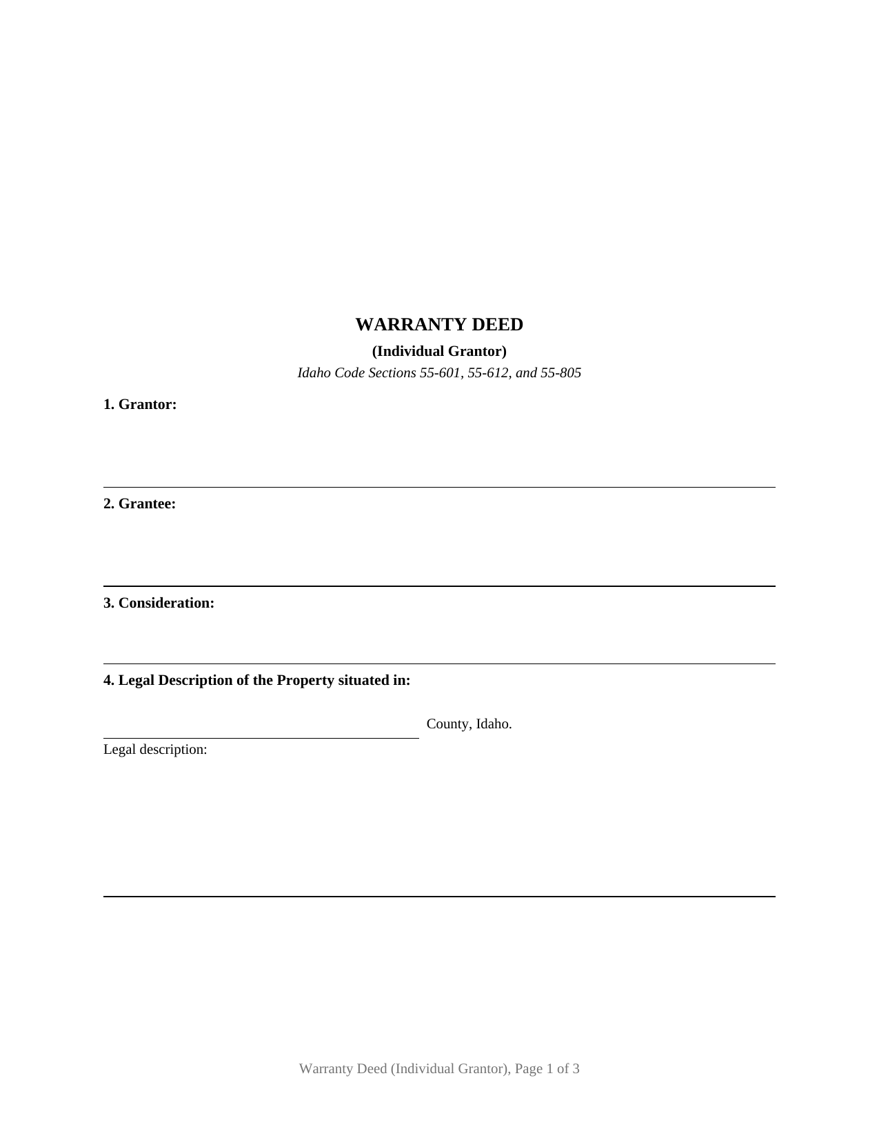 Bear Lake County Warranty Deed (Individual Grantor) Form