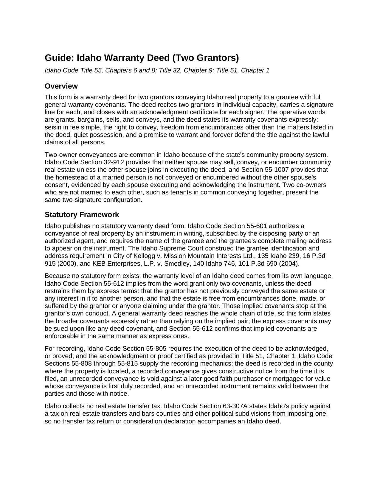 Minidoka County Warranty Deed (Two Grantors) Guide