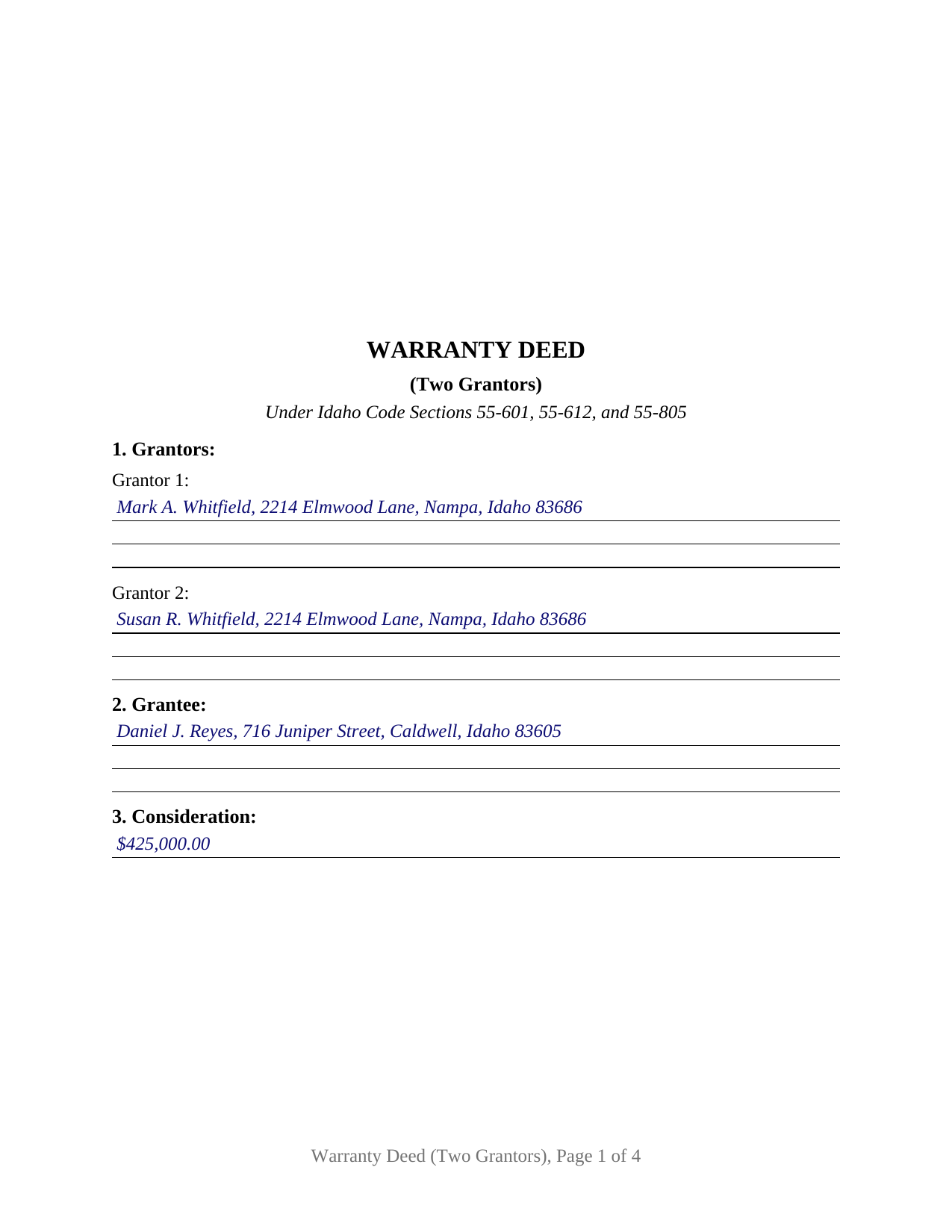 Minidoka County Completed Example of the Warranty Deed (Two Grantors) Document