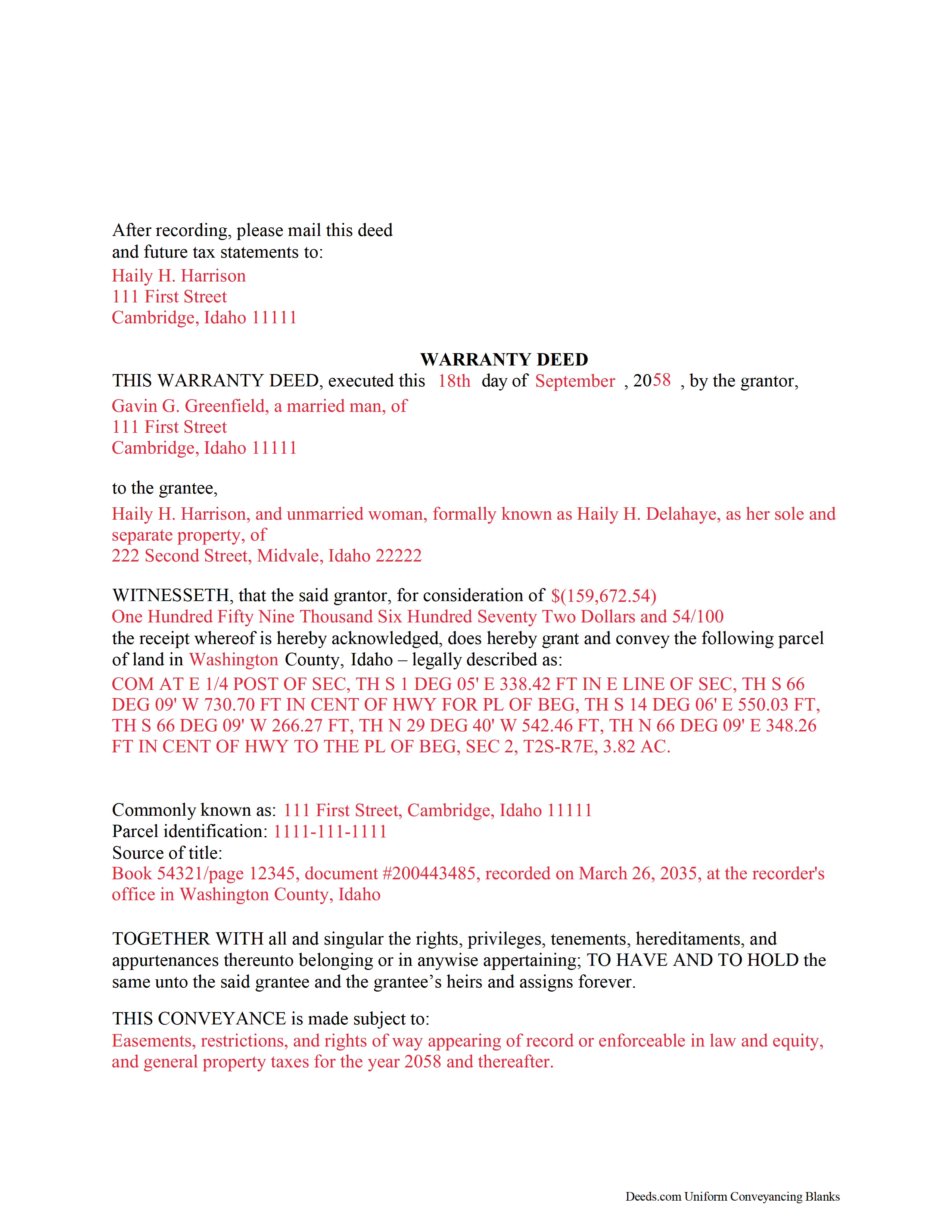 Bear Lake County Completed Example of the Warranty Deed Document