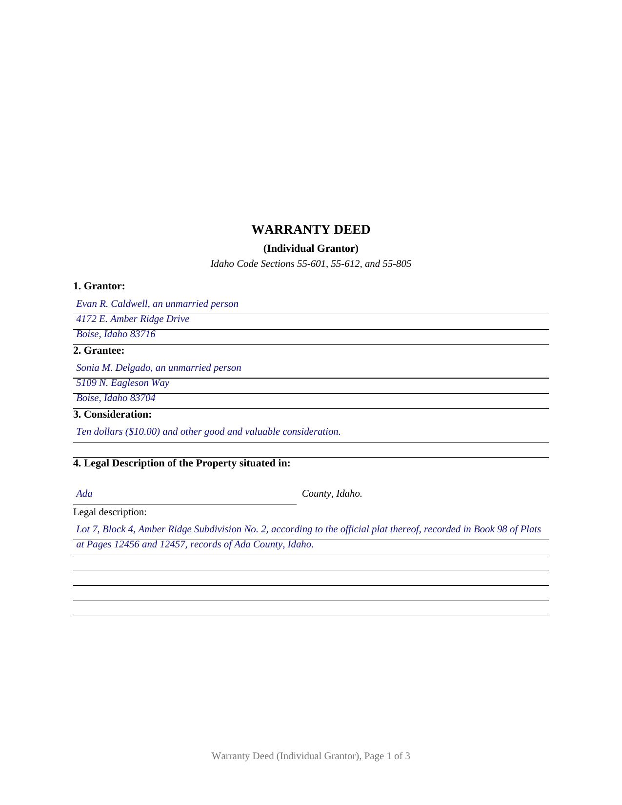 Jerome County Completed Example of the Warranty Deed Document