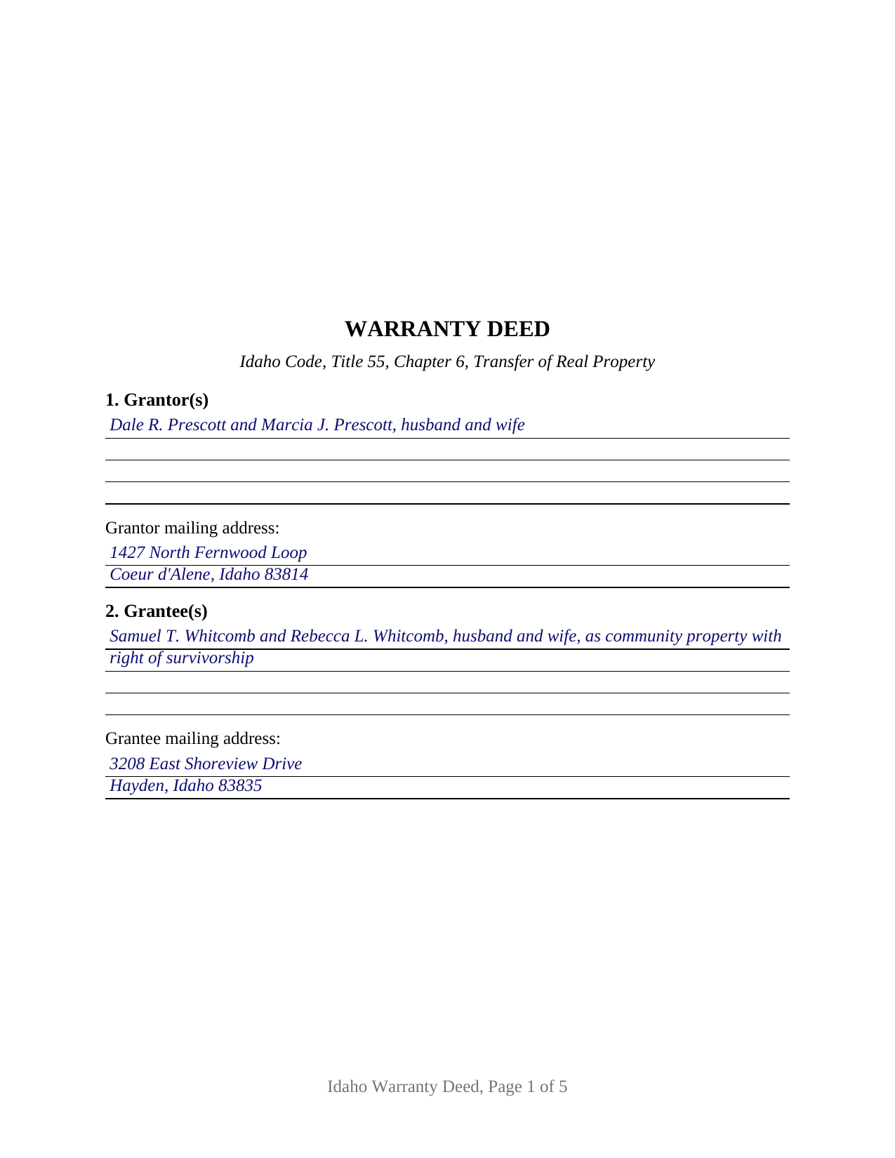 Ada County Completed Example of the Warranty Deed Document