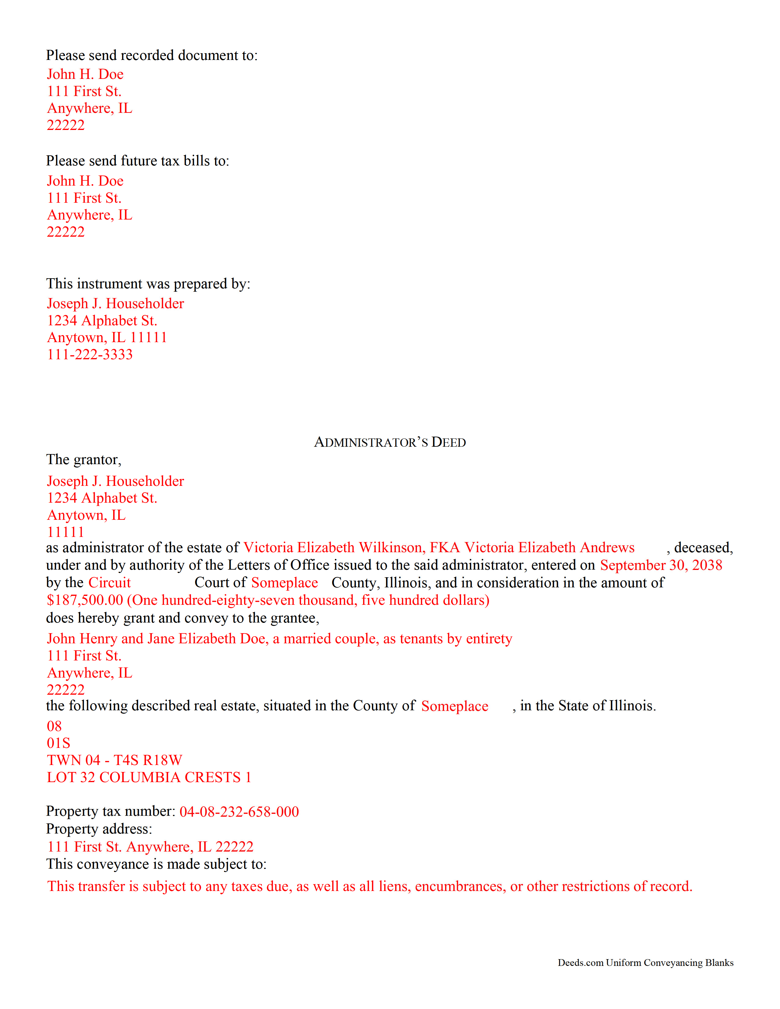 Wabash County Completed Example of the Administrator Deed Document