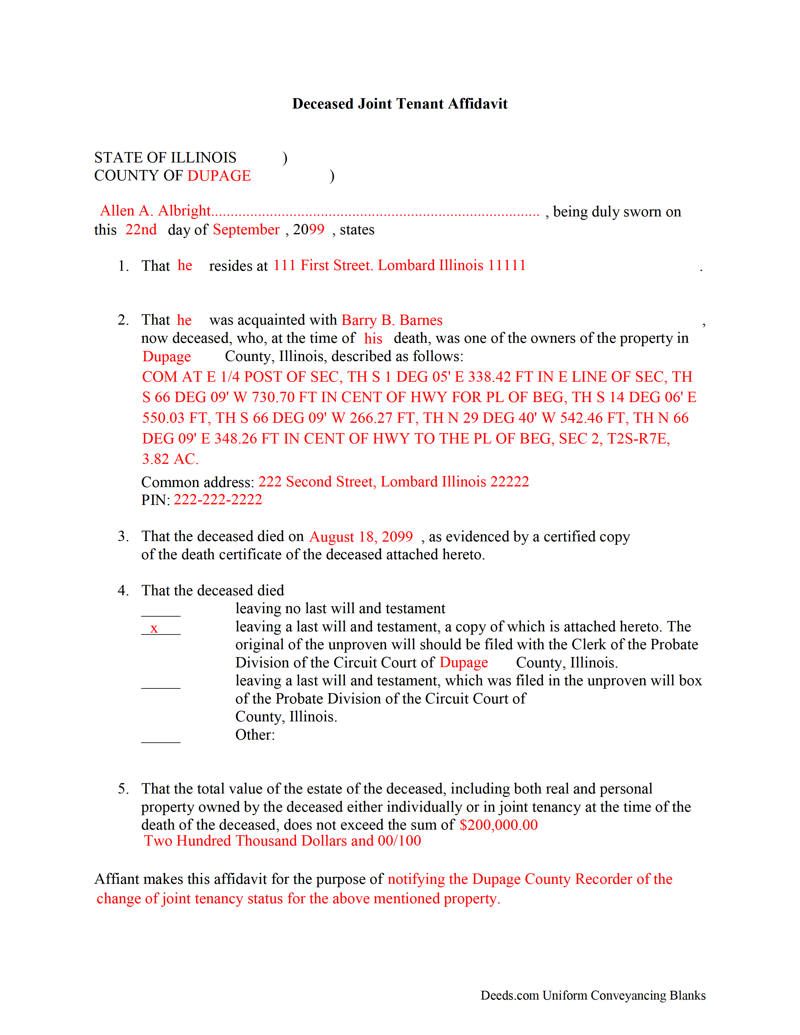 Completed Example of the Deceased Joint Tenant Affidavit Document