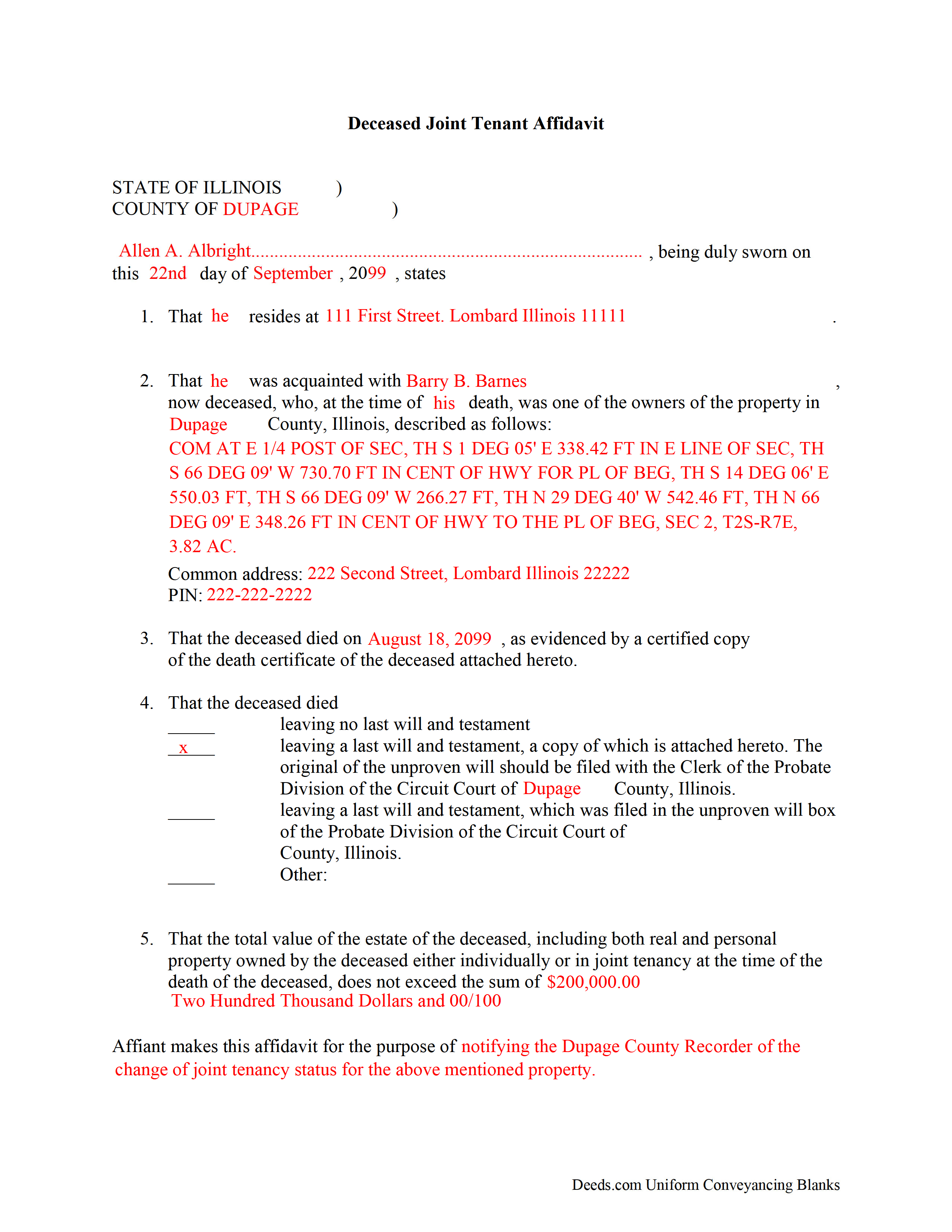 Pulaski County Completed Example of the Deceased Joint Tenant Affidavit Document