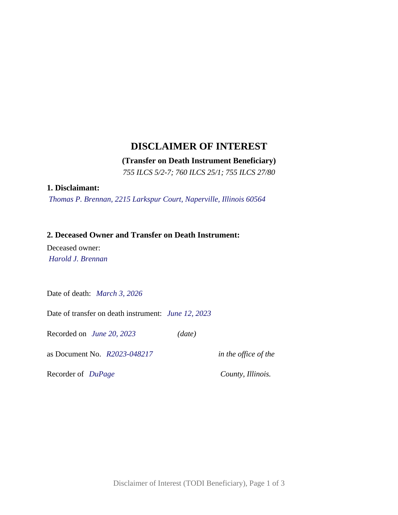 Fayette County Completed Example of the Disclaimer of Interest (Transfer on Death Instrument Beneficiary) Document