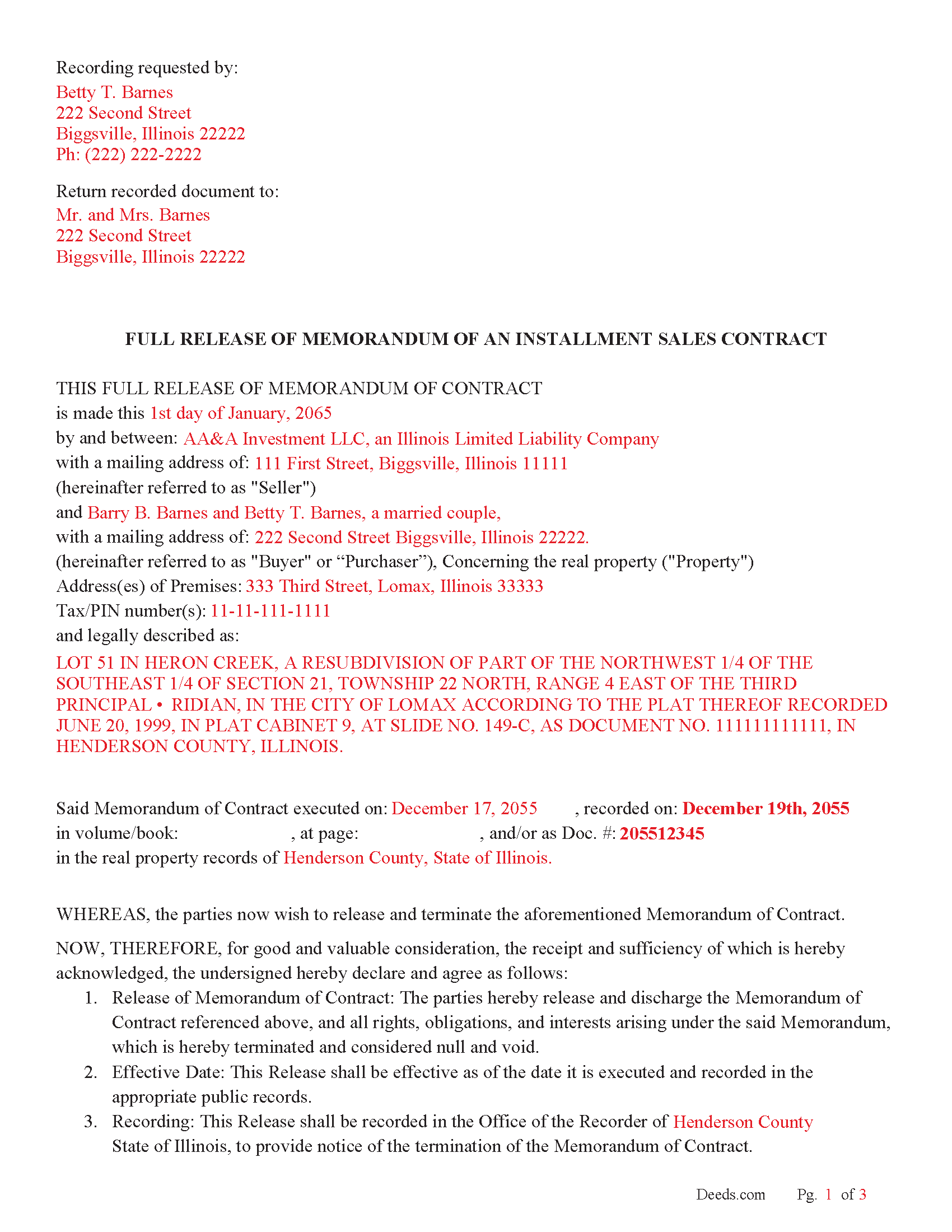Calhoun County Completed Example of the Full Release of Memorandum of an Installment Sales Contract Document