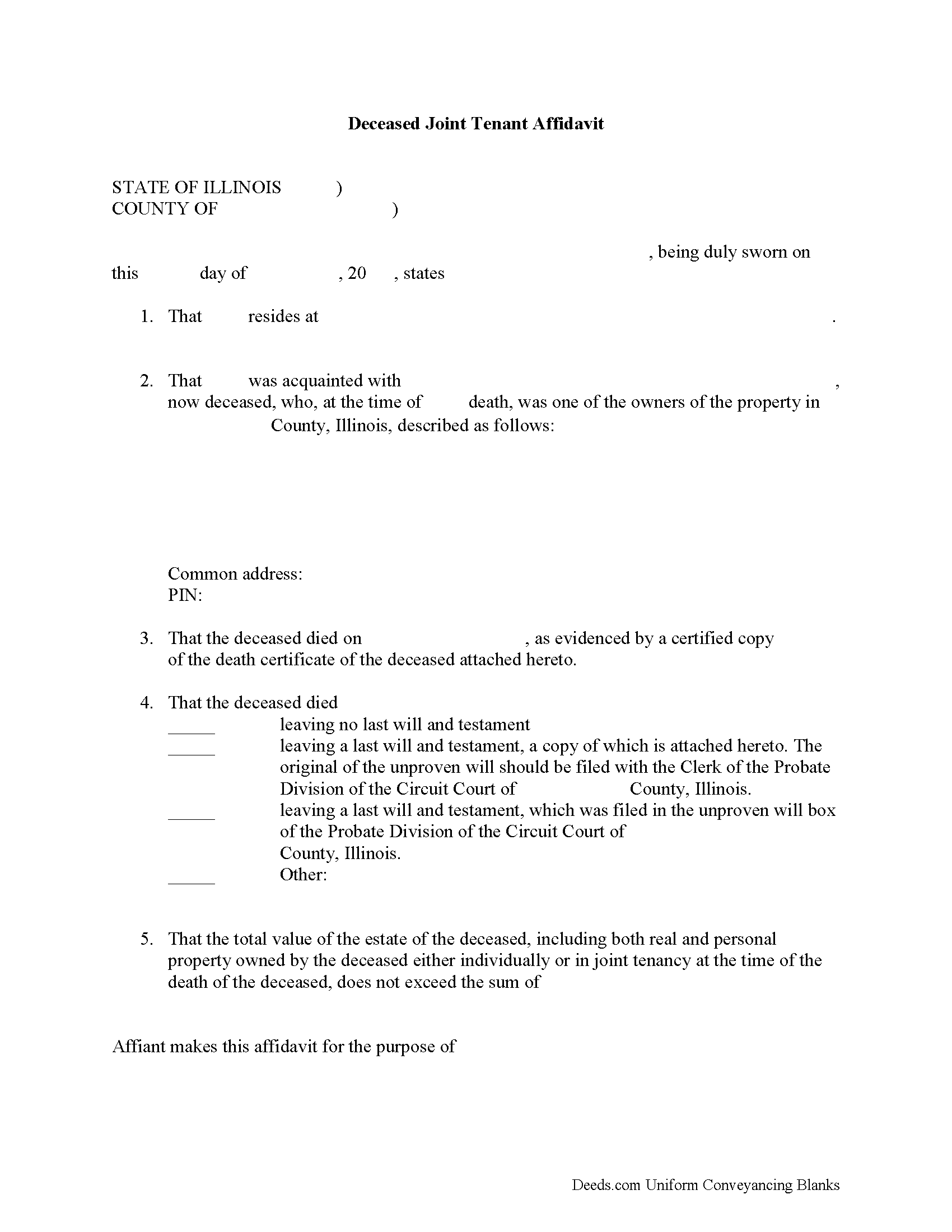 Illinois Deceased Joint Tenant Affidavit Image