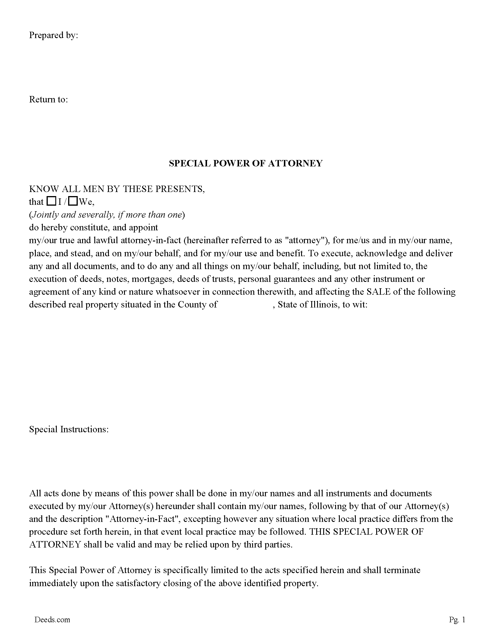 Illinois Special Power of Attorney for the Sale of Property Image