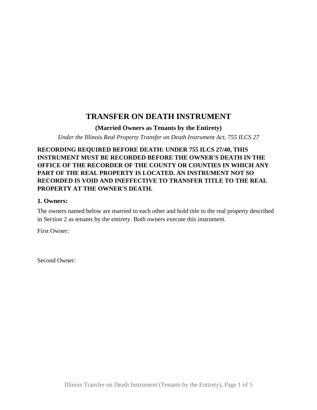Illinois Transfer on Death Instrument (Married Owners as Tenants by the Entirety)