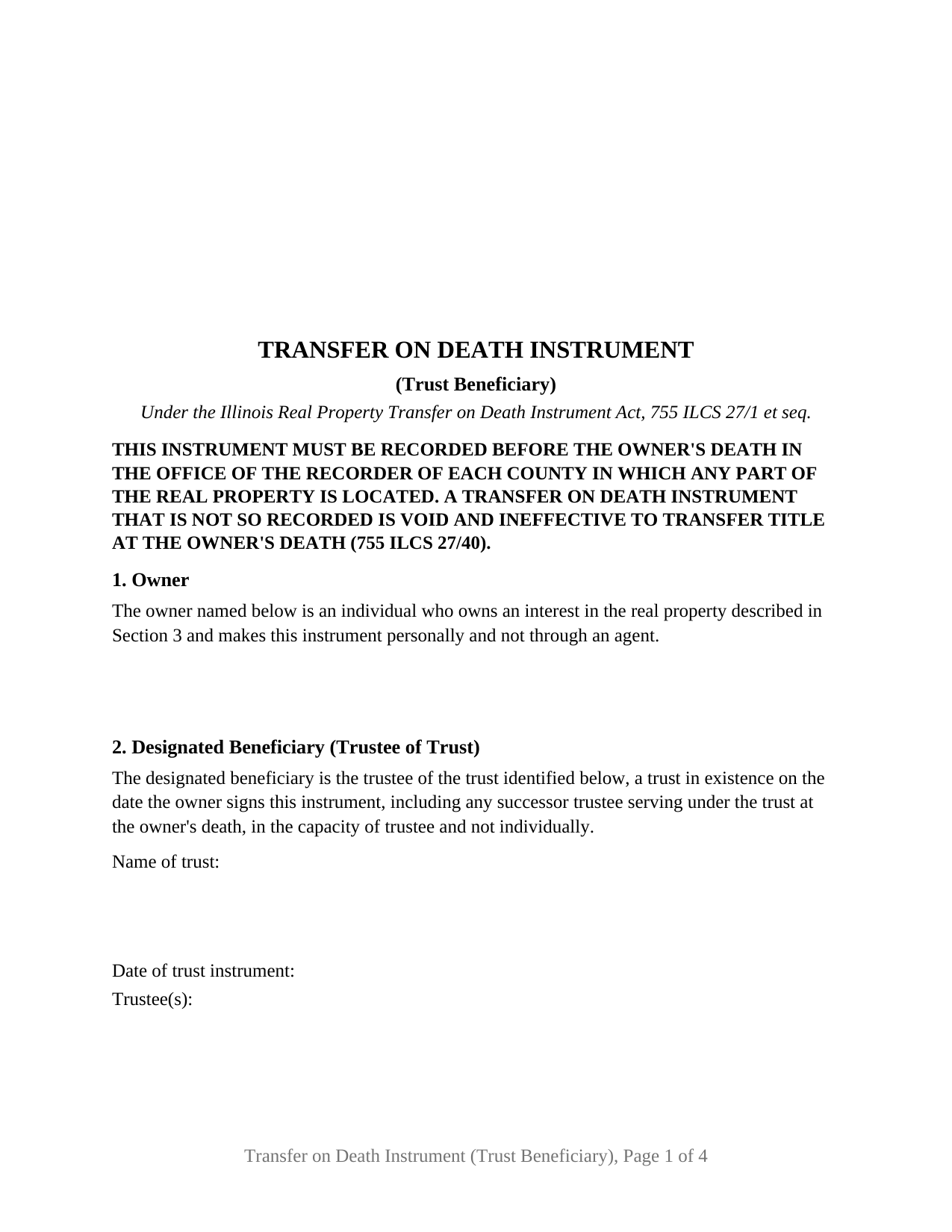 Illinois Transfer on Death Instrument (Trust Beneficiary)