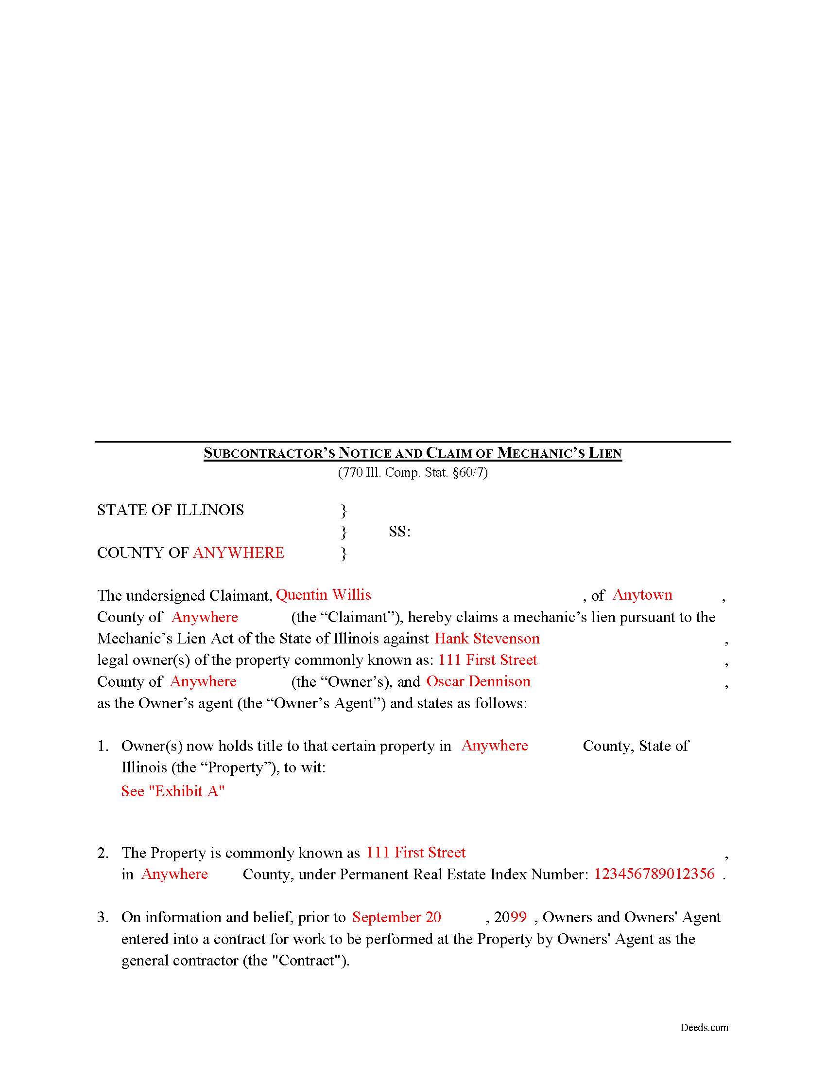 Completed Example of the Mechanics Lien Subcontractor Document