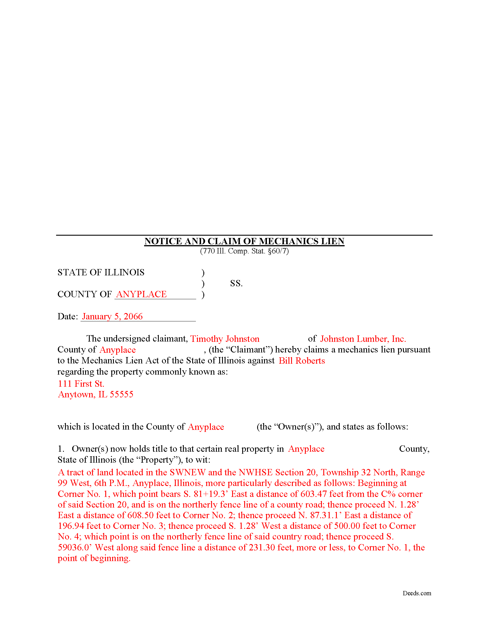 Completed Example of the Notice of Mechanics Lien Document