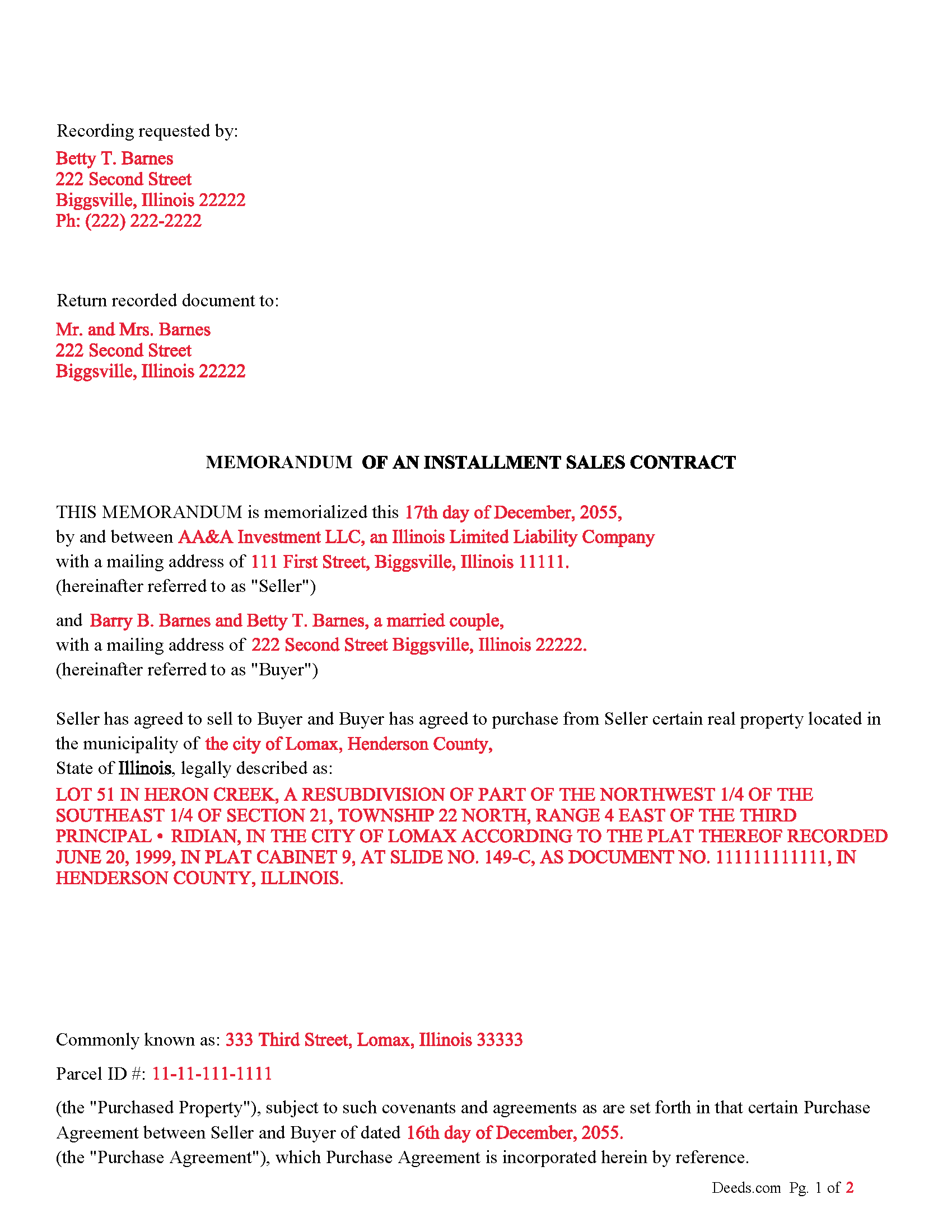 Calhoun County Completed Example of the Memorandum of an Installment Sales Contract Document