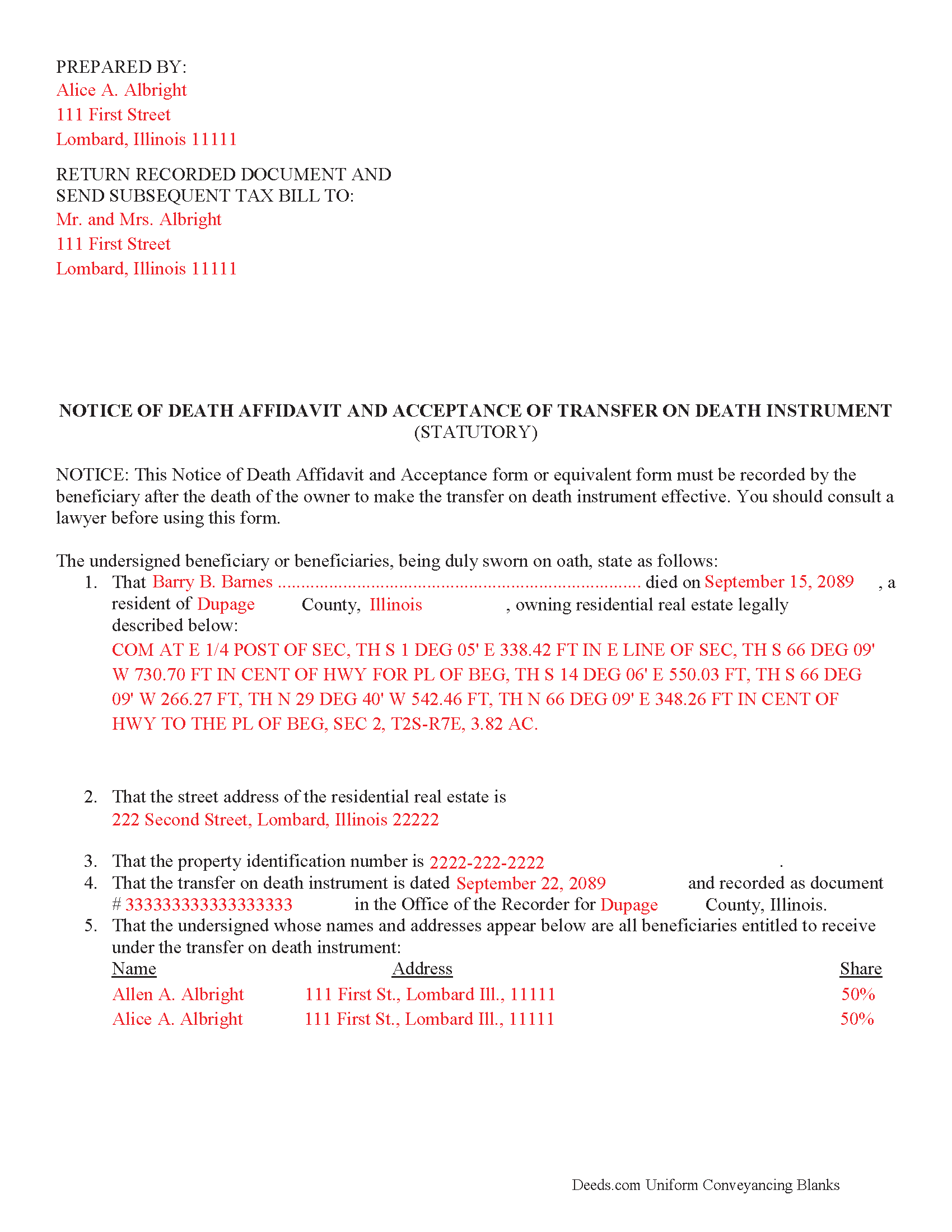 Completed Example of the Notice of Death Affidavit Document