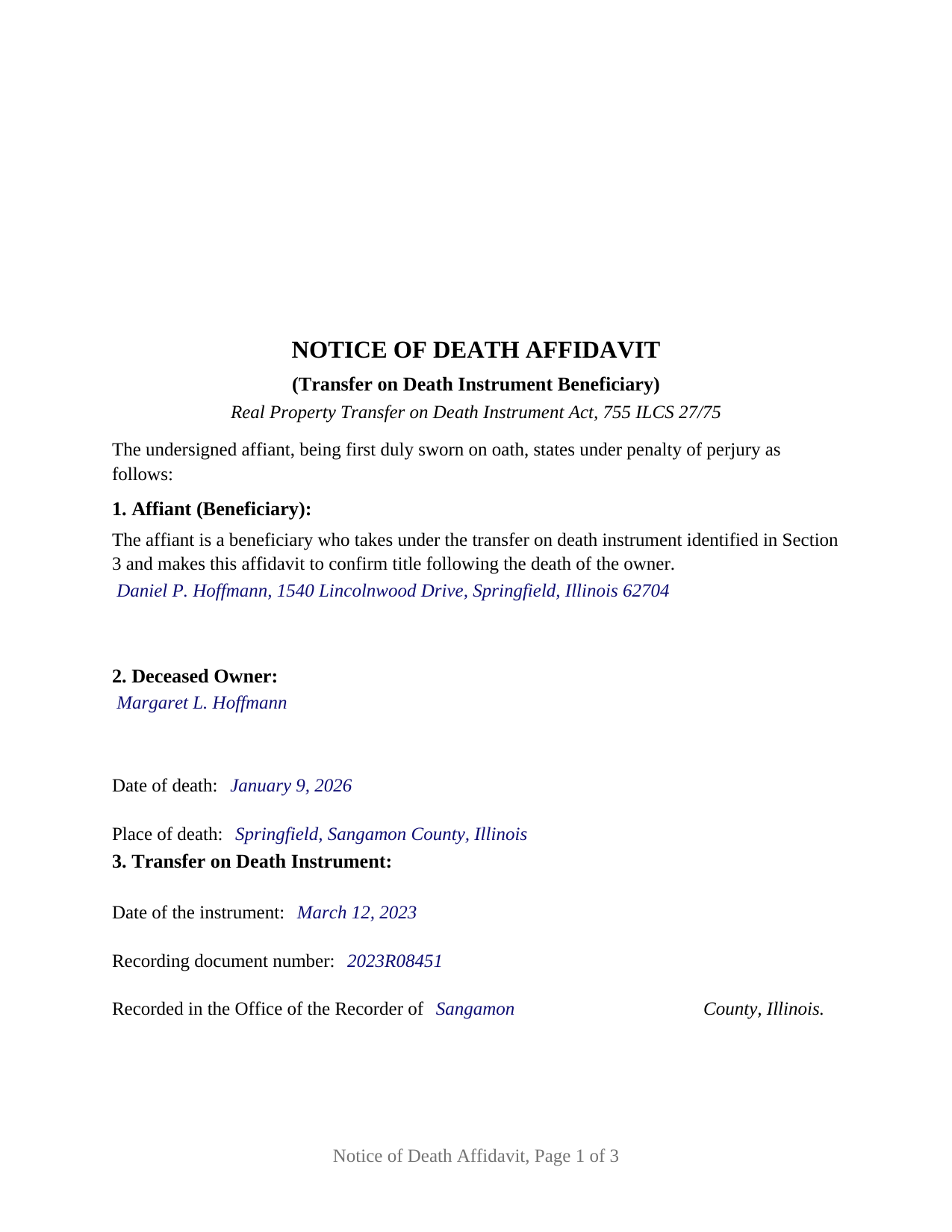 Macon County Completed Example of the Notice of Death Affidavit (Transfer on Death Instrument Beneficiary) Document