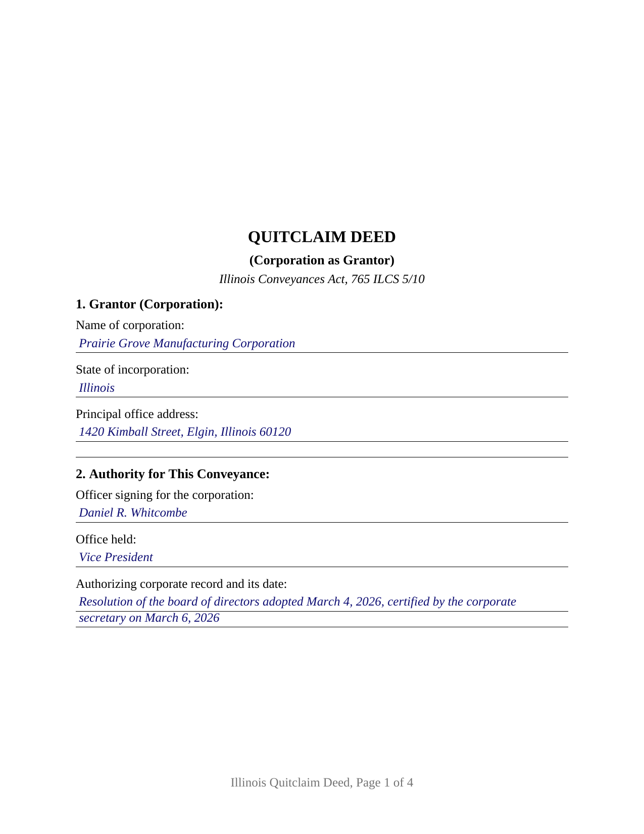 Edgar County Completed Example of the Quitclaim Deed (Corporation Grantor) Document