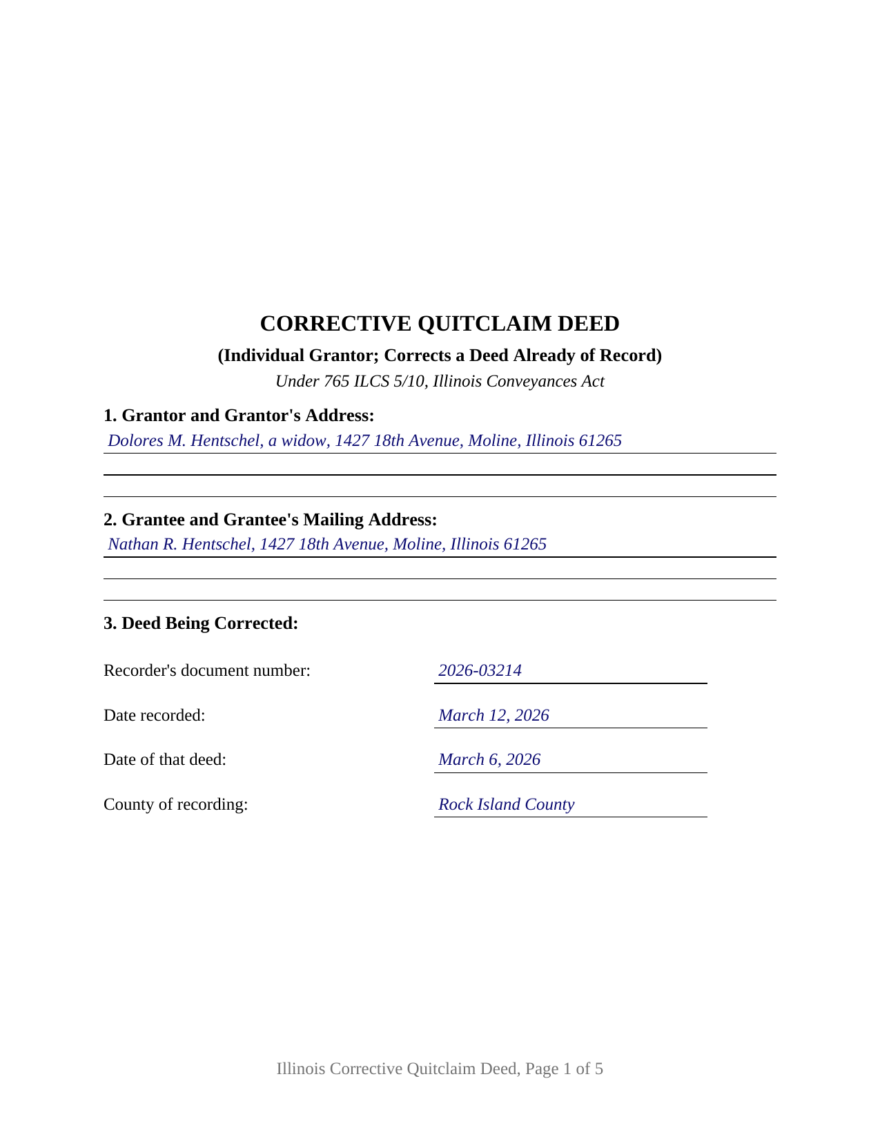 Clark County Completed Example of the Quitclaim Deed (Corrective) Document