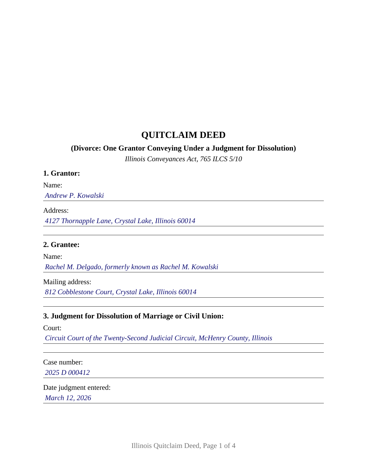 Schuyler County Completed Example of the Quitclaim Deed (Divorce) Document