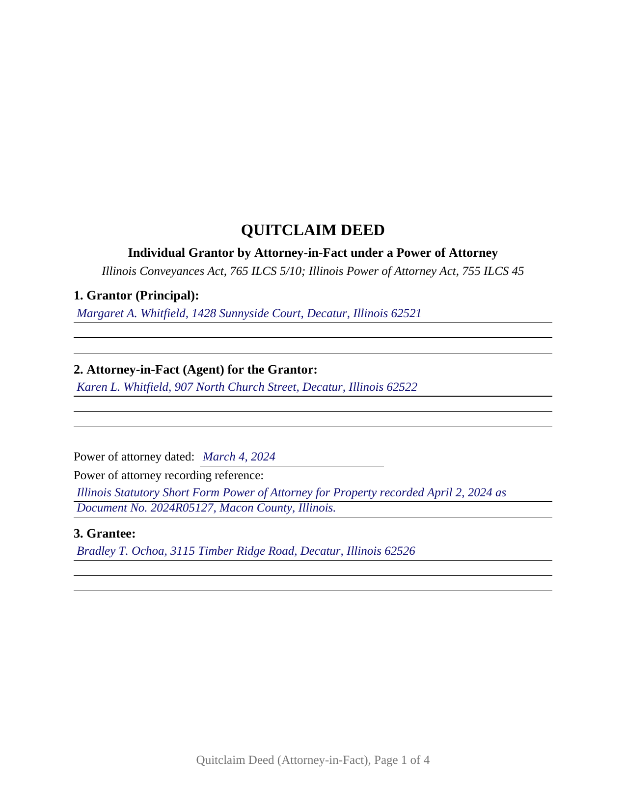 Cass County Completed Example of the Quitclaim Deed (Individual Grantor by Attorney-in-Fact) Document