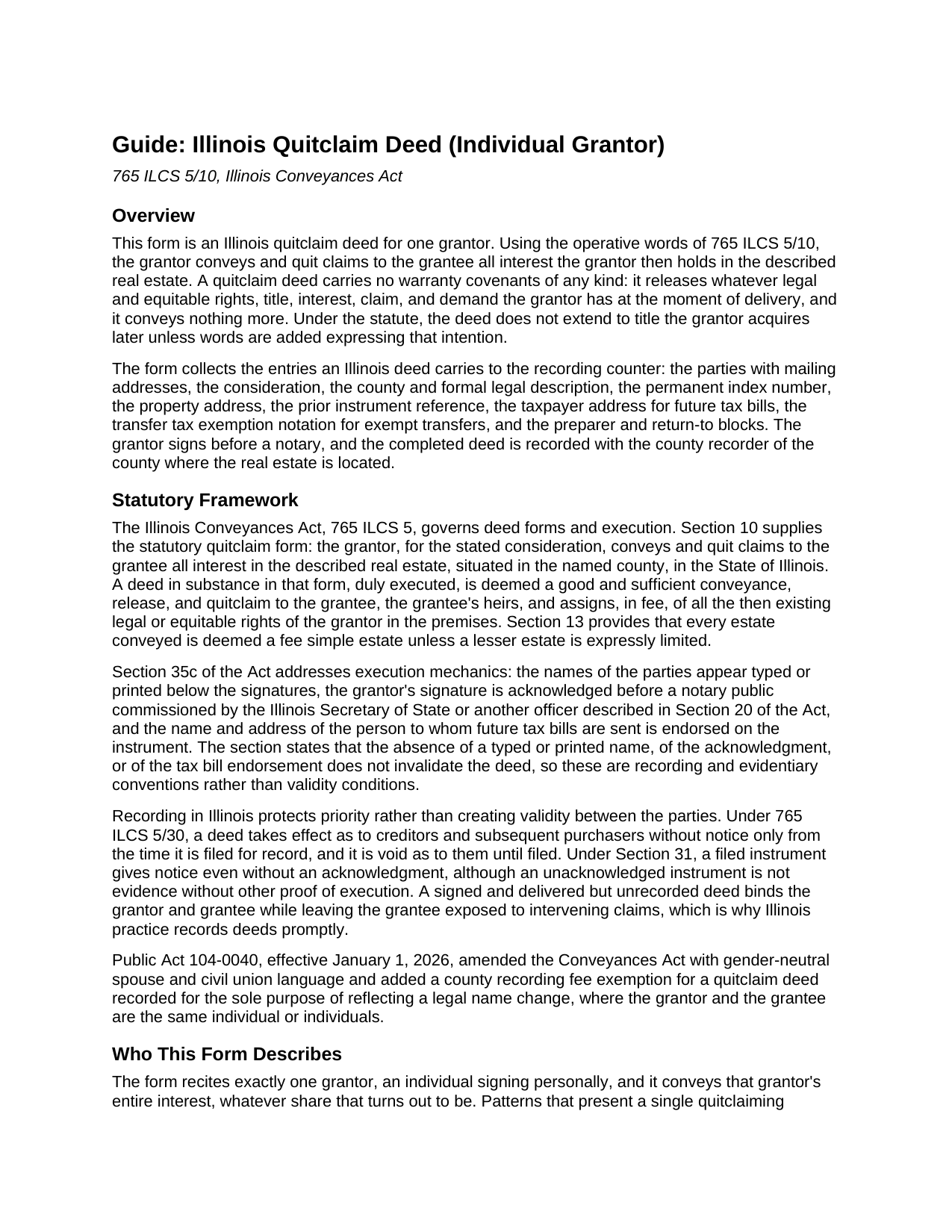 Hamilton County Quitclaim Deed (Individual Grantor) Guide