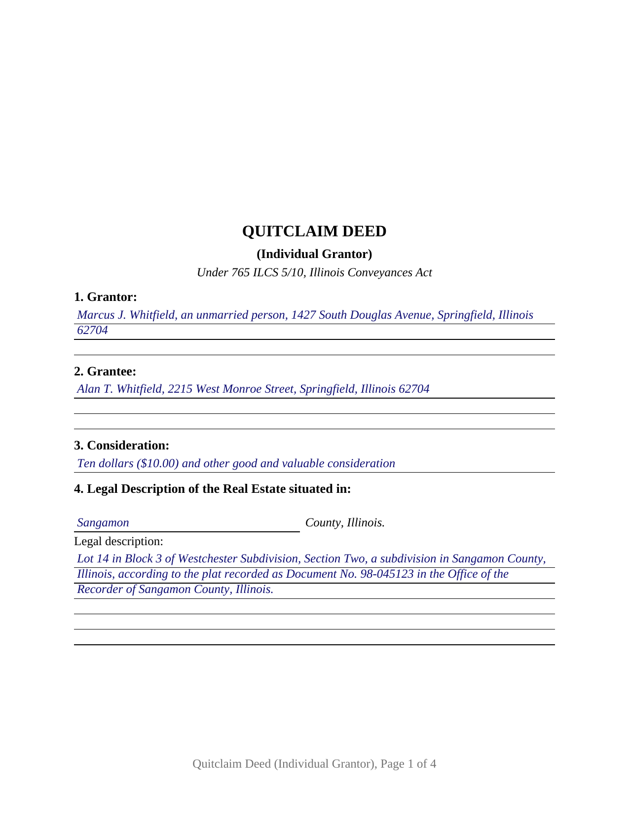 Hamilton County Completed Example of the Quitclaim Deed (Individual Grantor) Document