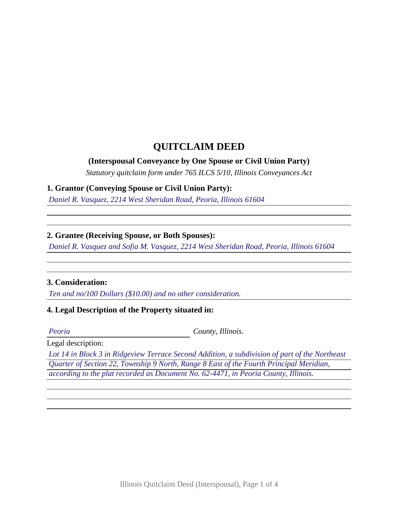 Whiteside County Completed Example of the Quitclaim Deed (Interspousal) Document