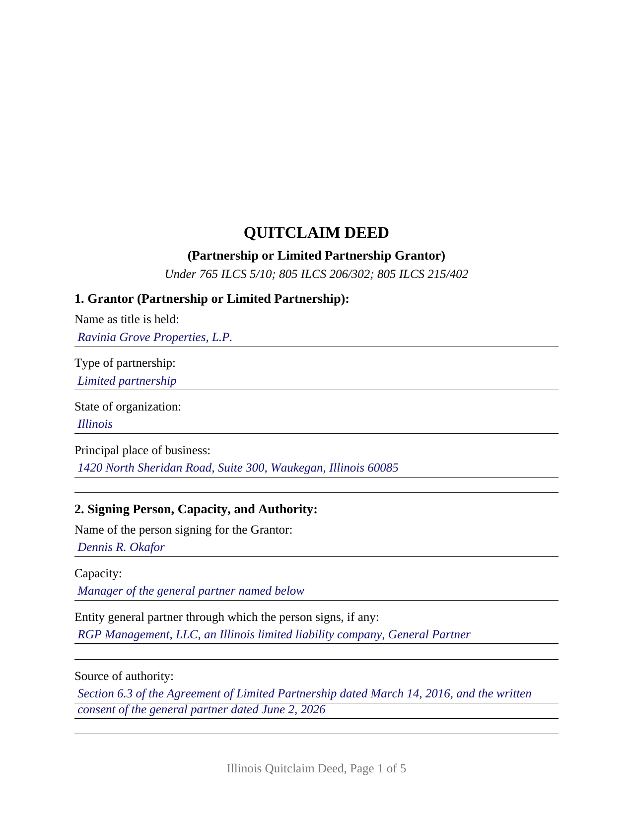 Warren County Completed Example of the Quitclaim Deed (Partnership or Limited Partnership Grantor) Document