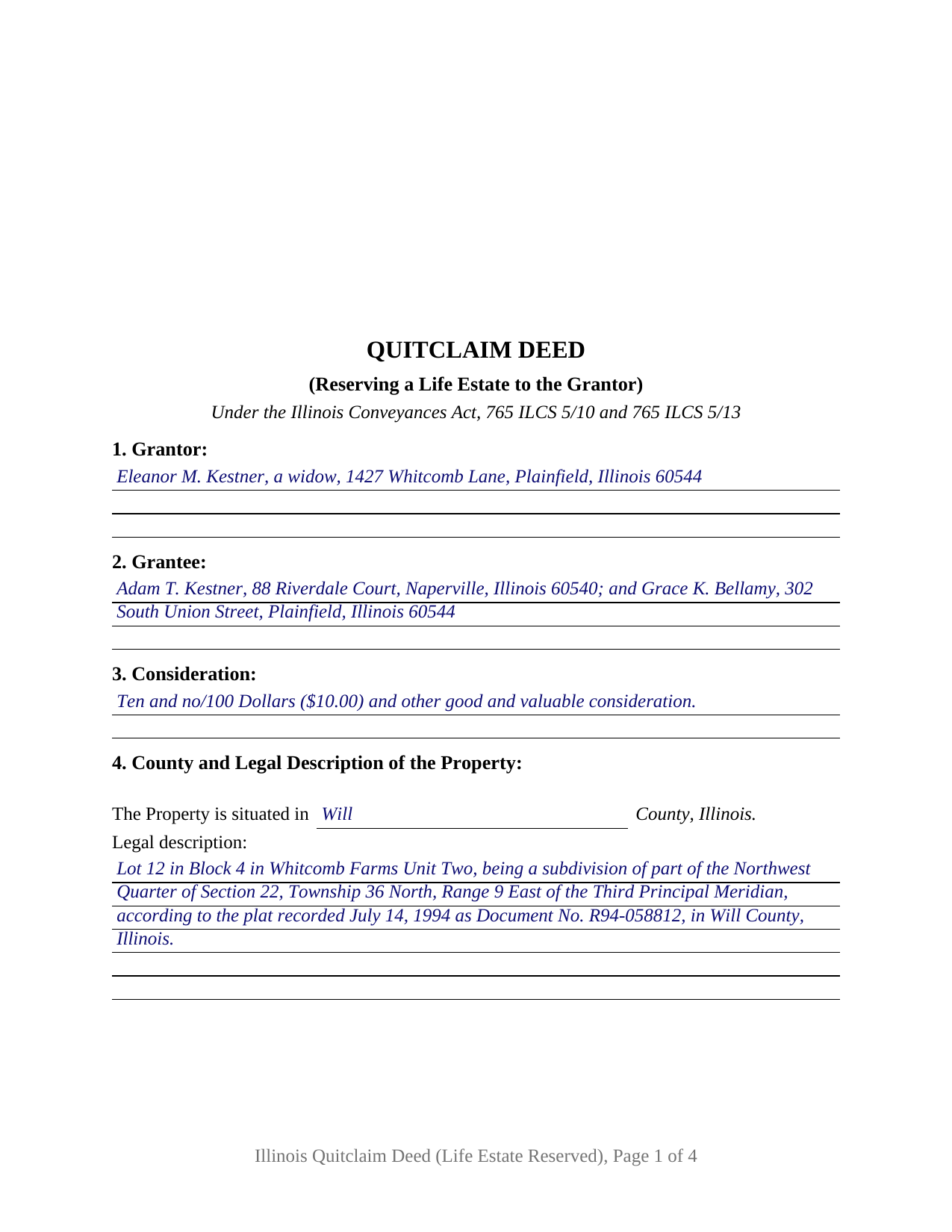 Adams County Completed Example of the Quitclaim Deed (Reserving Life Estate) Document