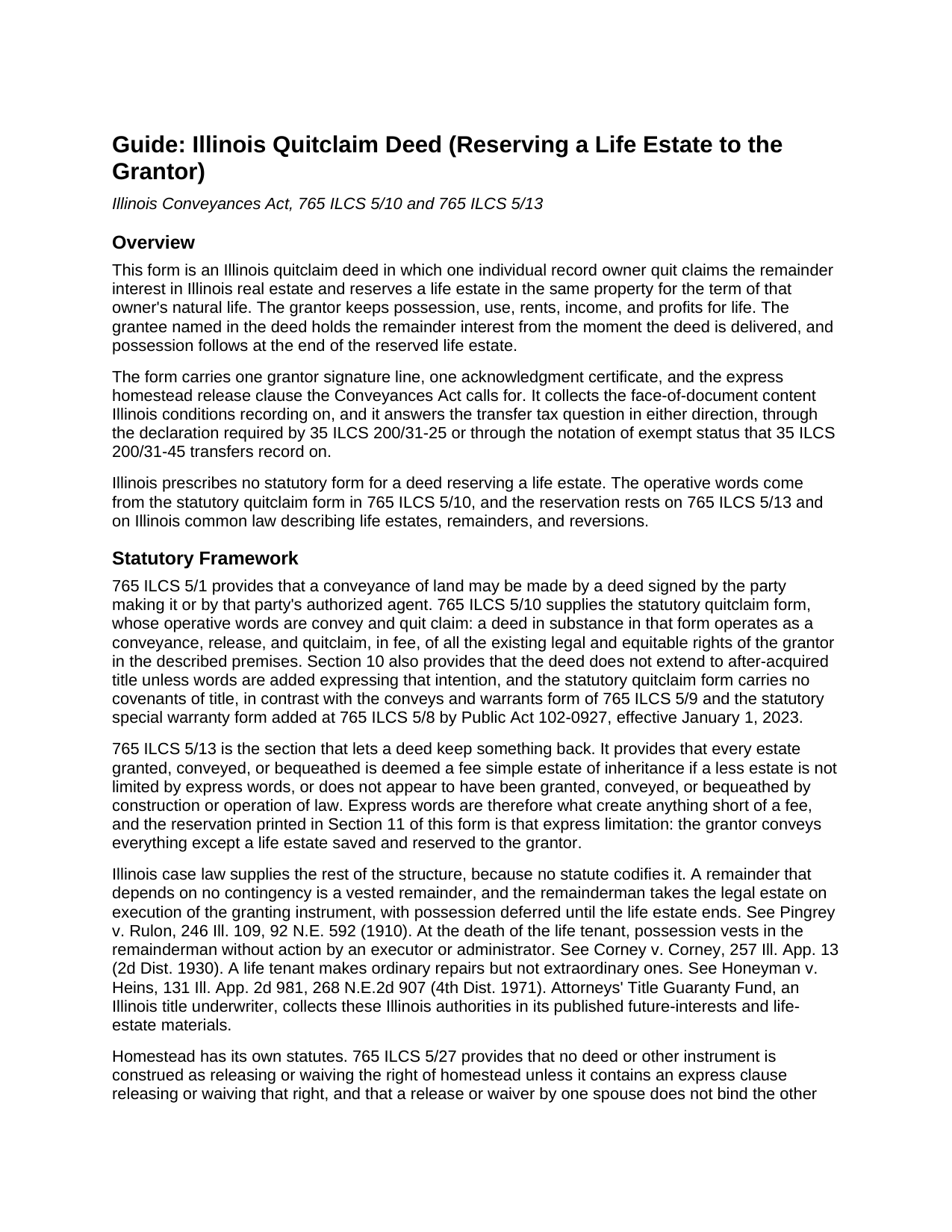 Adams County Quitclaim Deed (Reserving Life Estate) Guide