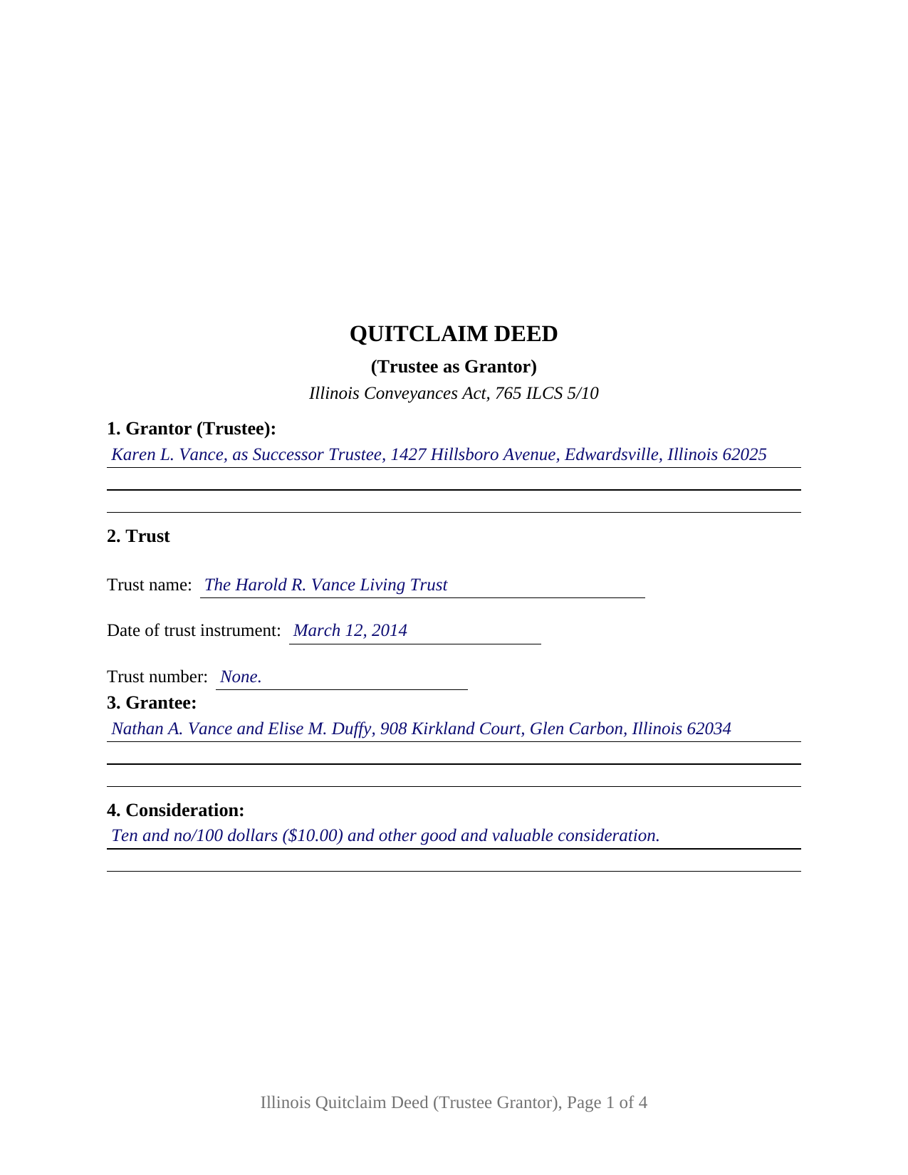 Winnebago County Completed Example of the Quitclaim Deed (Trustee Grantor) Document