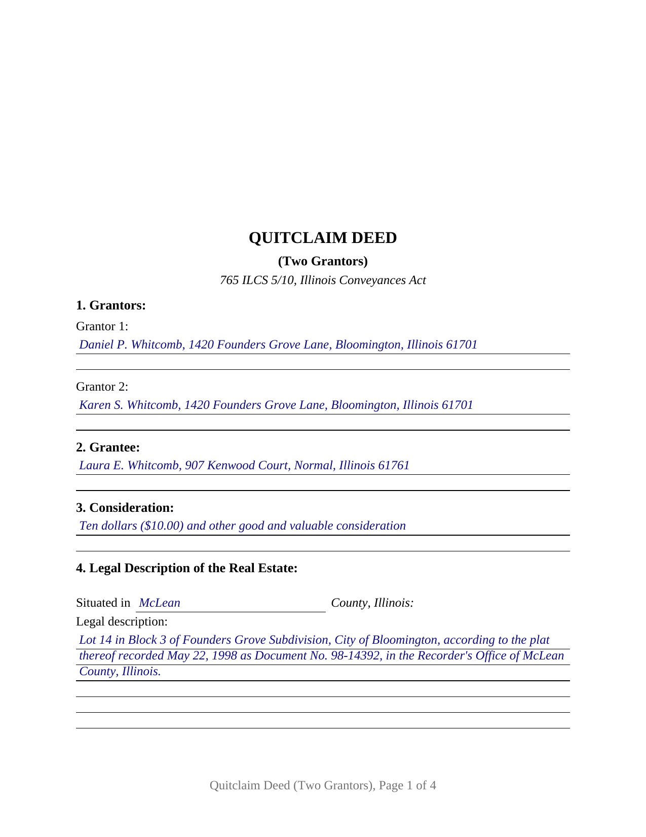 Woodford County Completed Example of the Quitclaim Deed (Two Grantors) Document