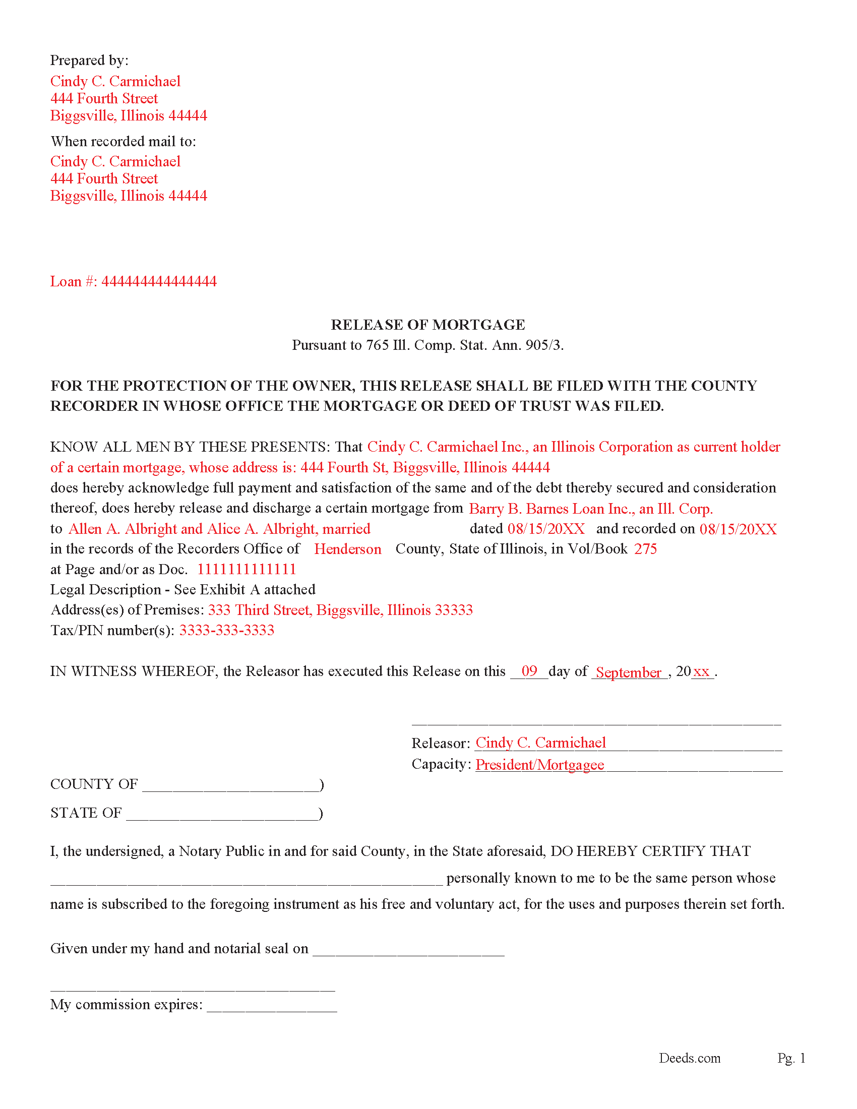 Cass County Completed Example of the Release of Mortgage Document