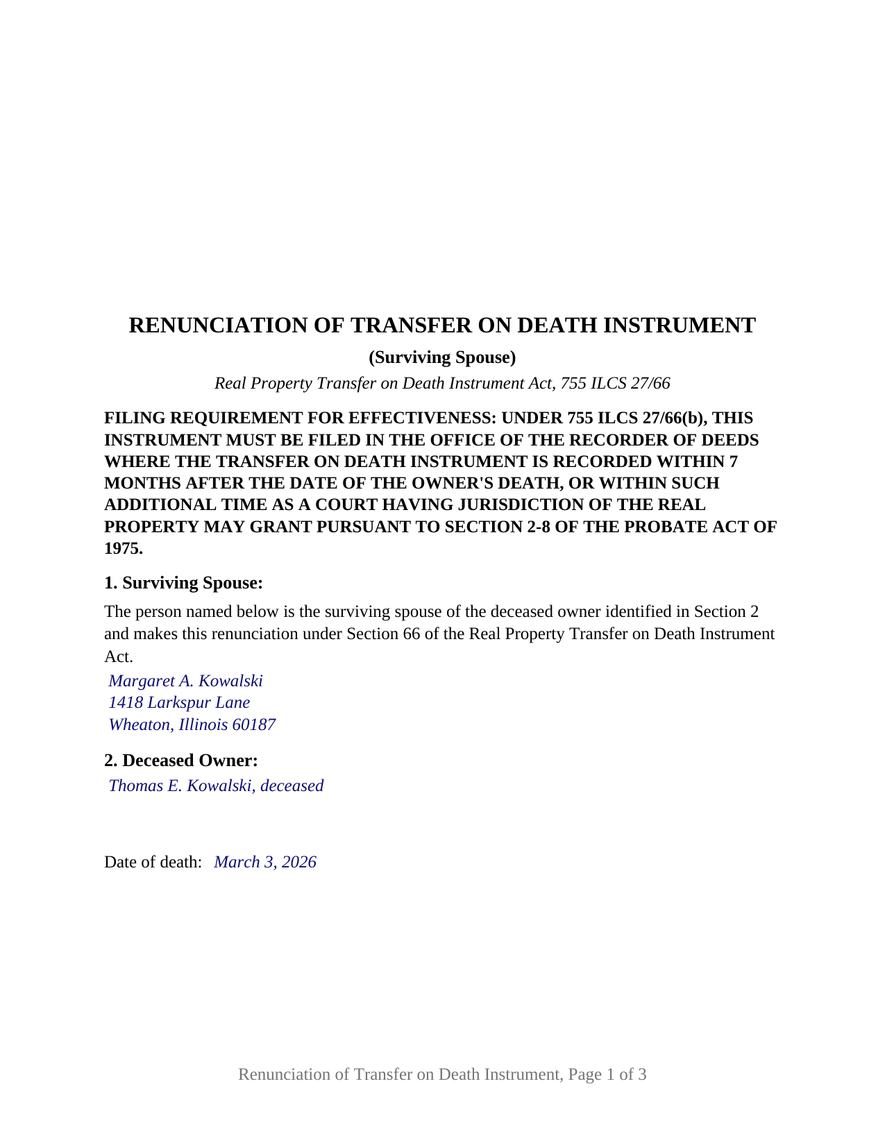 Fayette County Completed Example of the Renunciation of Transfer on Death Instrument (Surviving Spouse) Document