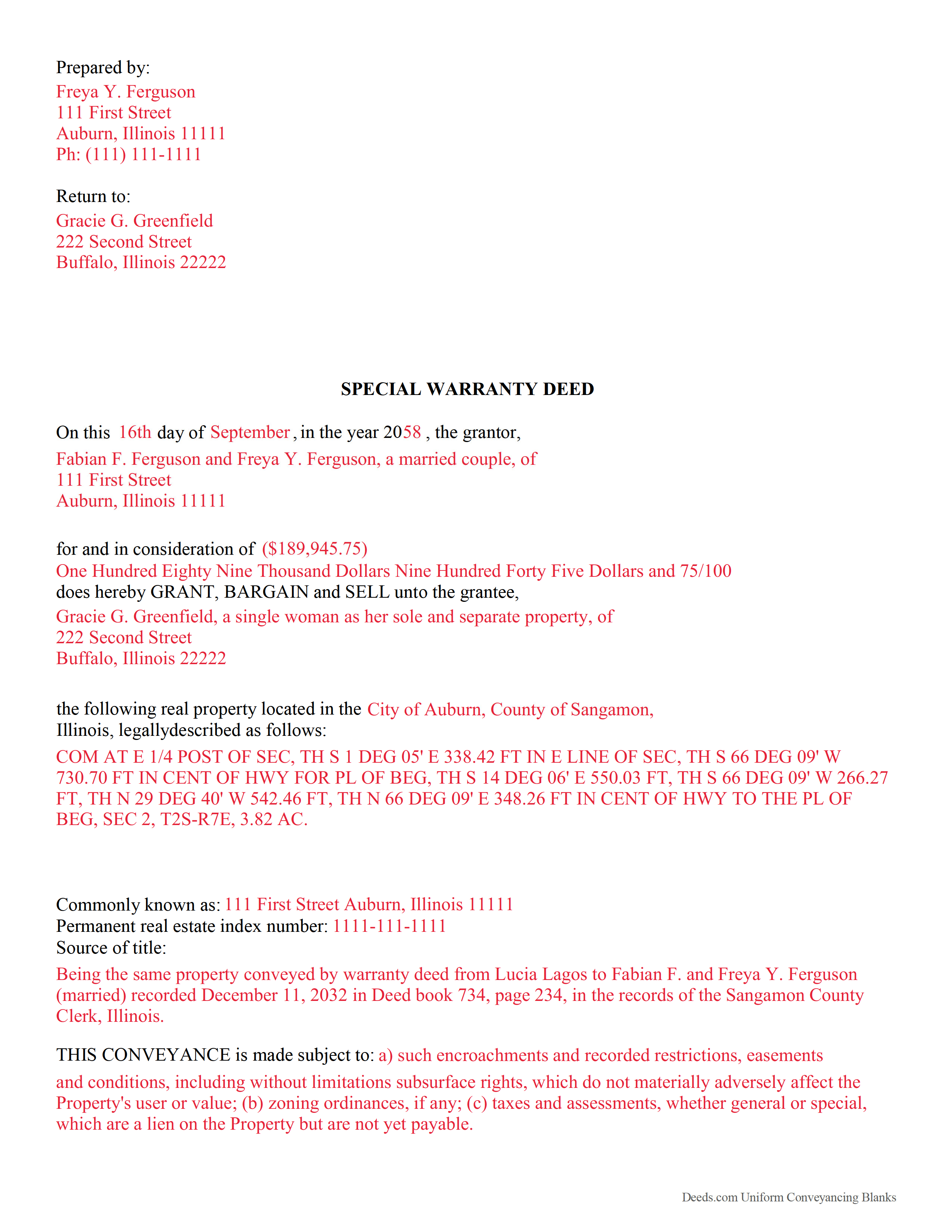 Completed Example of the Special Warranty Deed Document