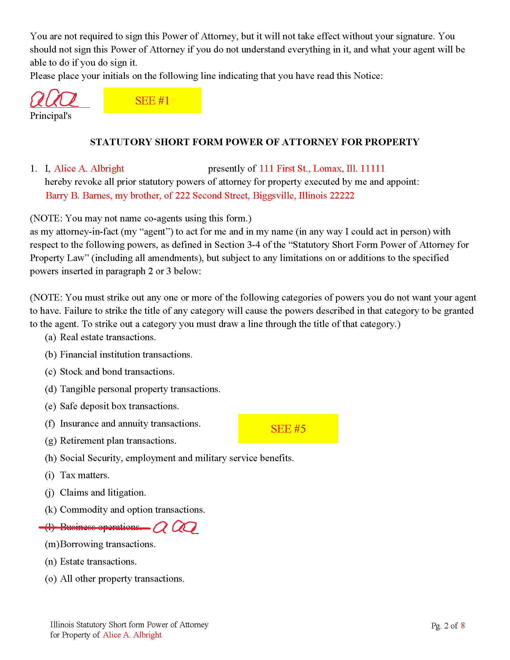 Completed Example of the Power of Attorney