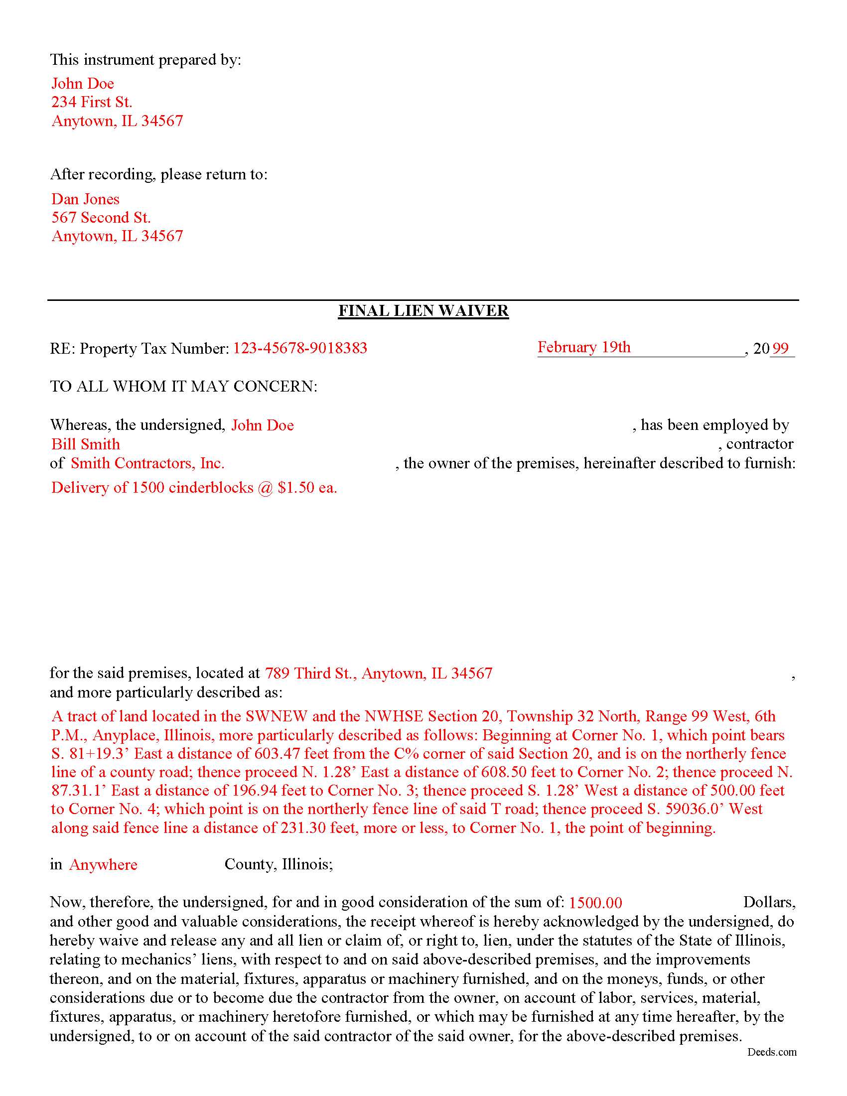 Pulaski County Completed Example of the Subcontractor Final Waiver and Release of Lien Document