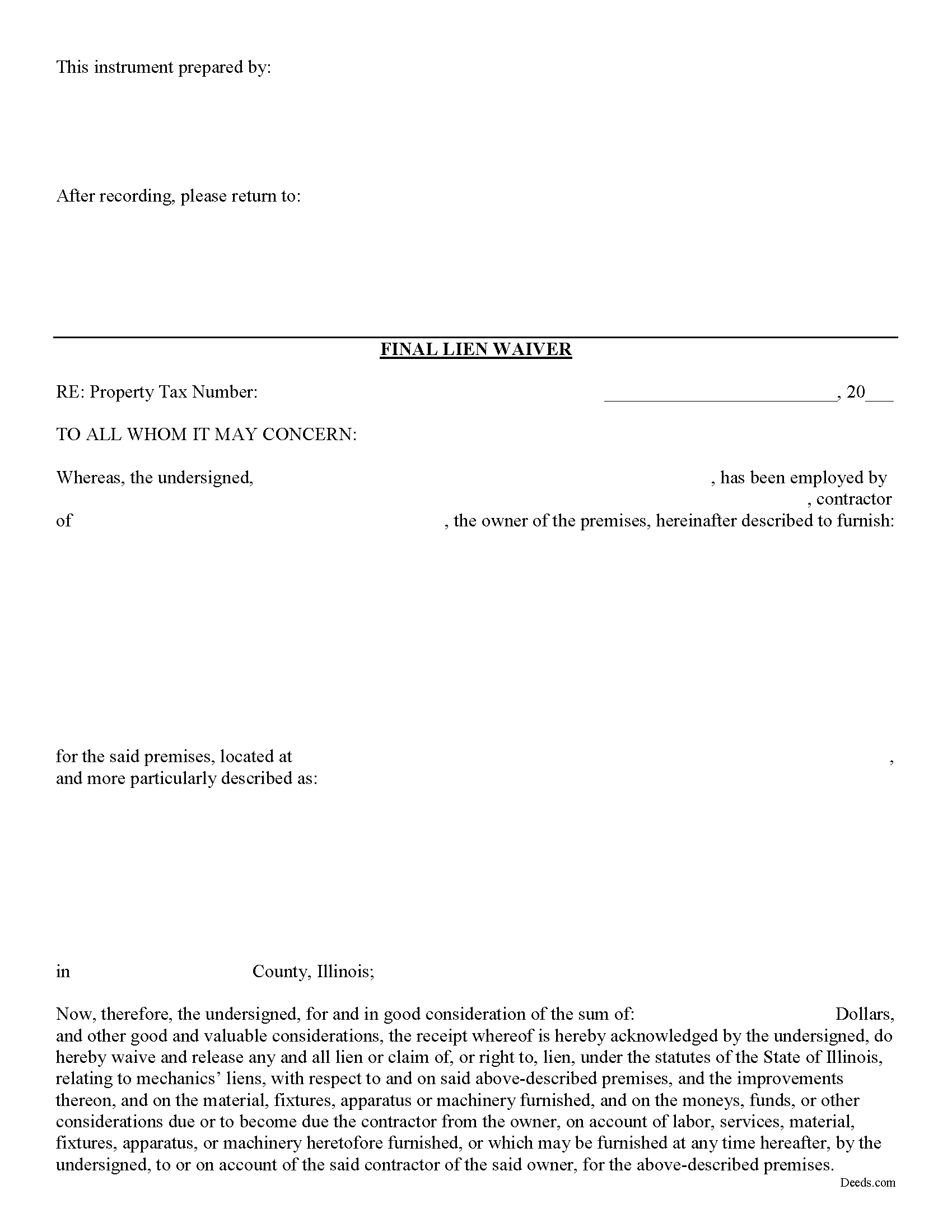 Pulaski County Subcontractor Final Waiver and Release of Lien Form