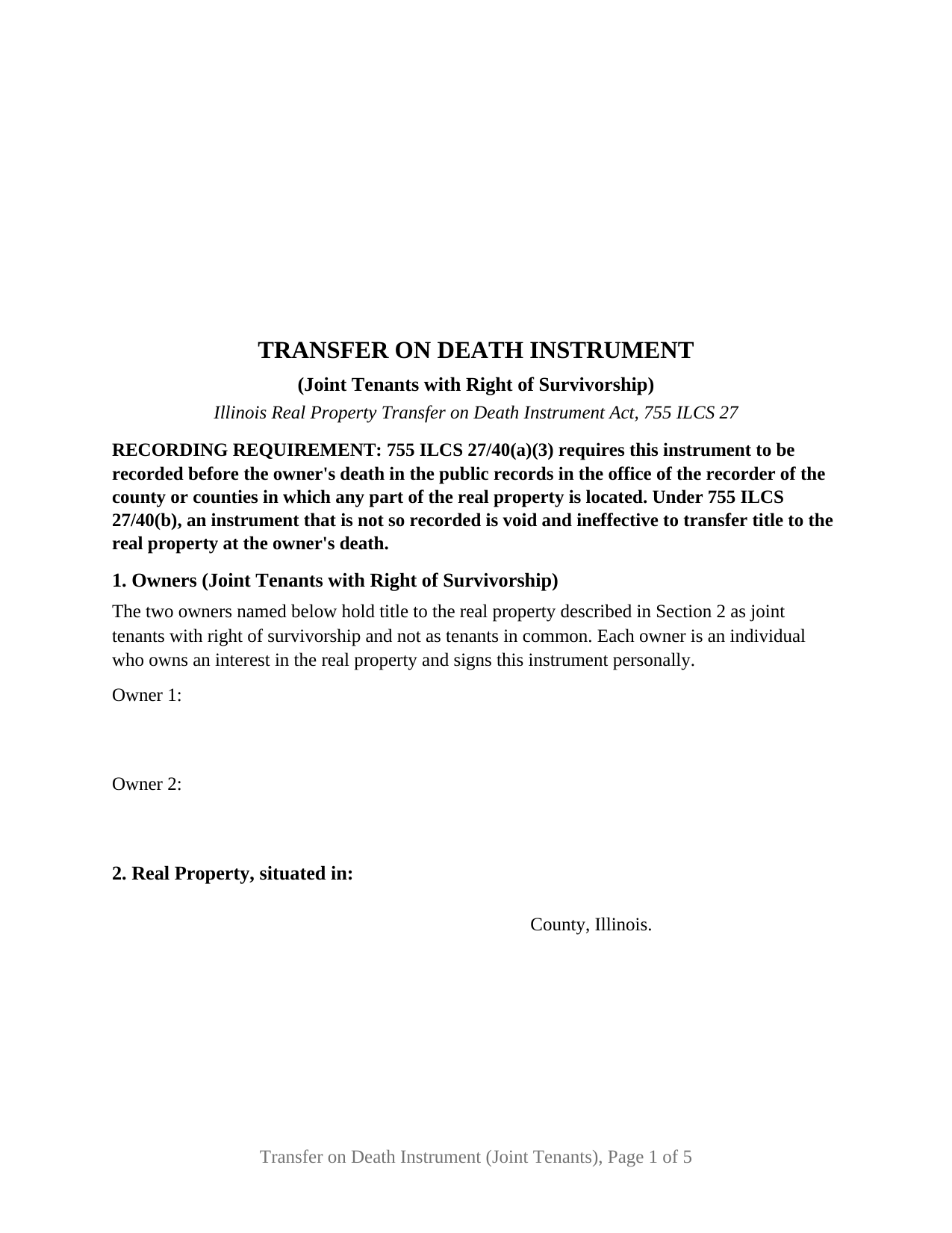 Grundy County Transfer on Death Instrument (Joint Tenants with Right of Survivorship) Form