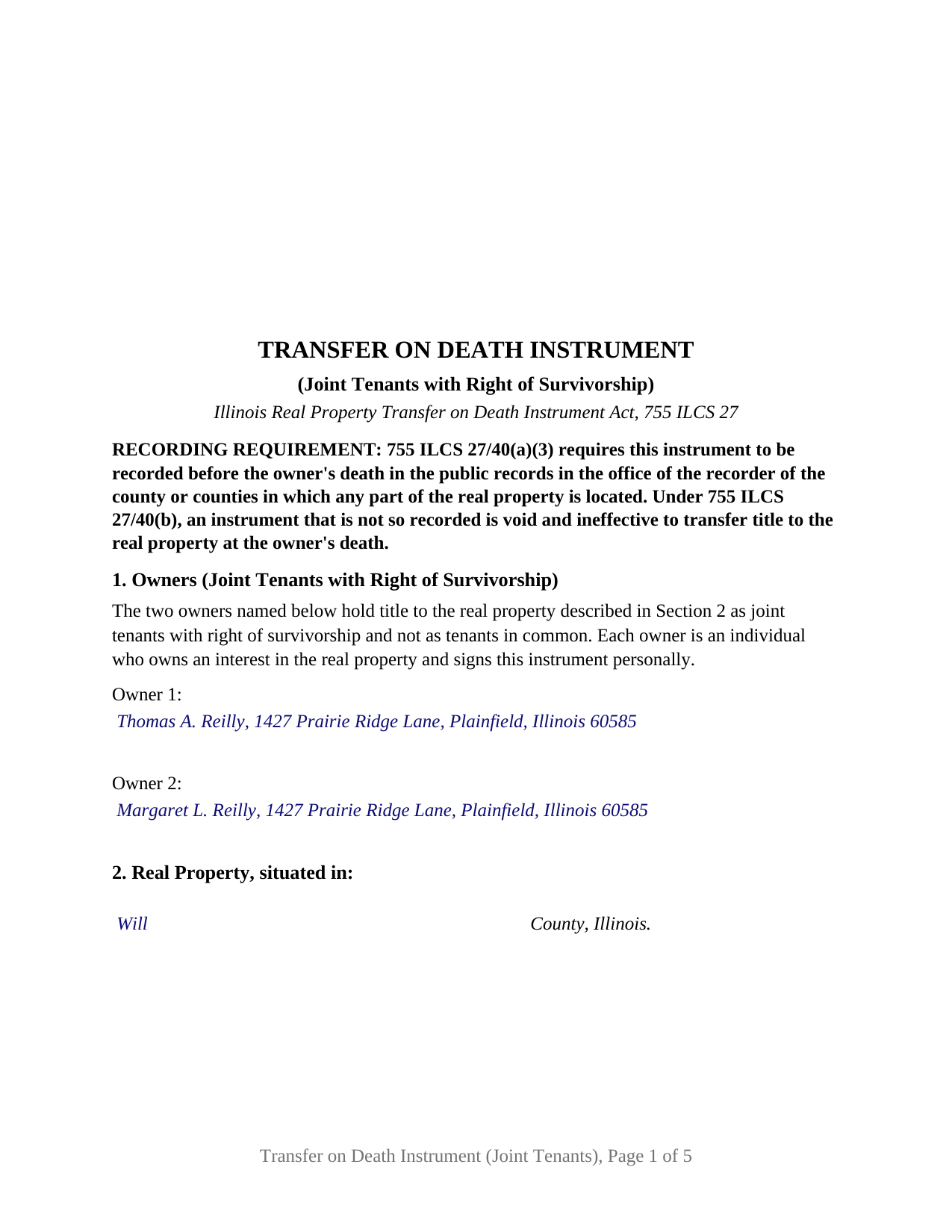 Grundy County Completed Example of the Transfer on Death Instrument (Joint Tenants with Right of Survivorship) Document