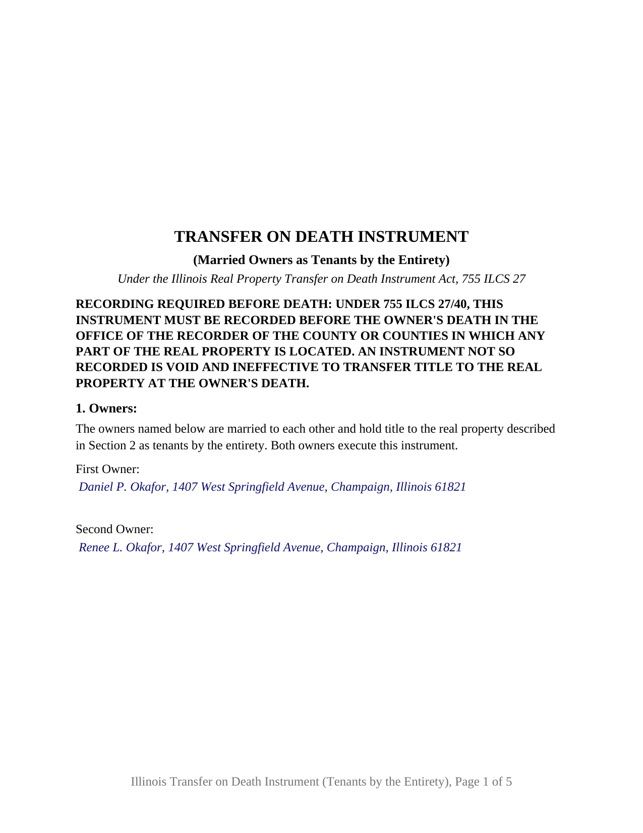 Grundy County Completed Example of the Transfer on Death Instrument (Married Owners as Tenants by the Entirety) Document